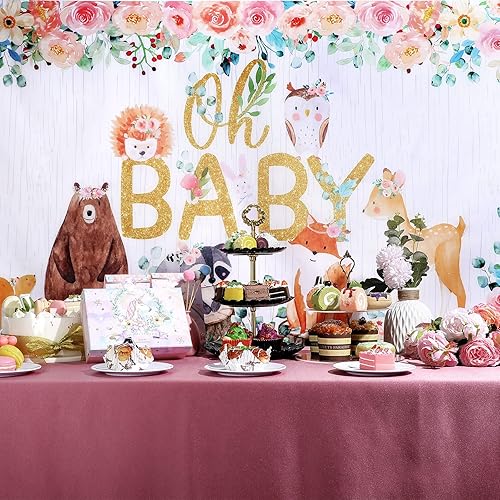 Miniatura 6 de Tatuo Telón de fondo para baby shower, decoración de animales del bosque de poliéster, incluye cuerda para colgar, estilo niña, 6 x 3.6 pies