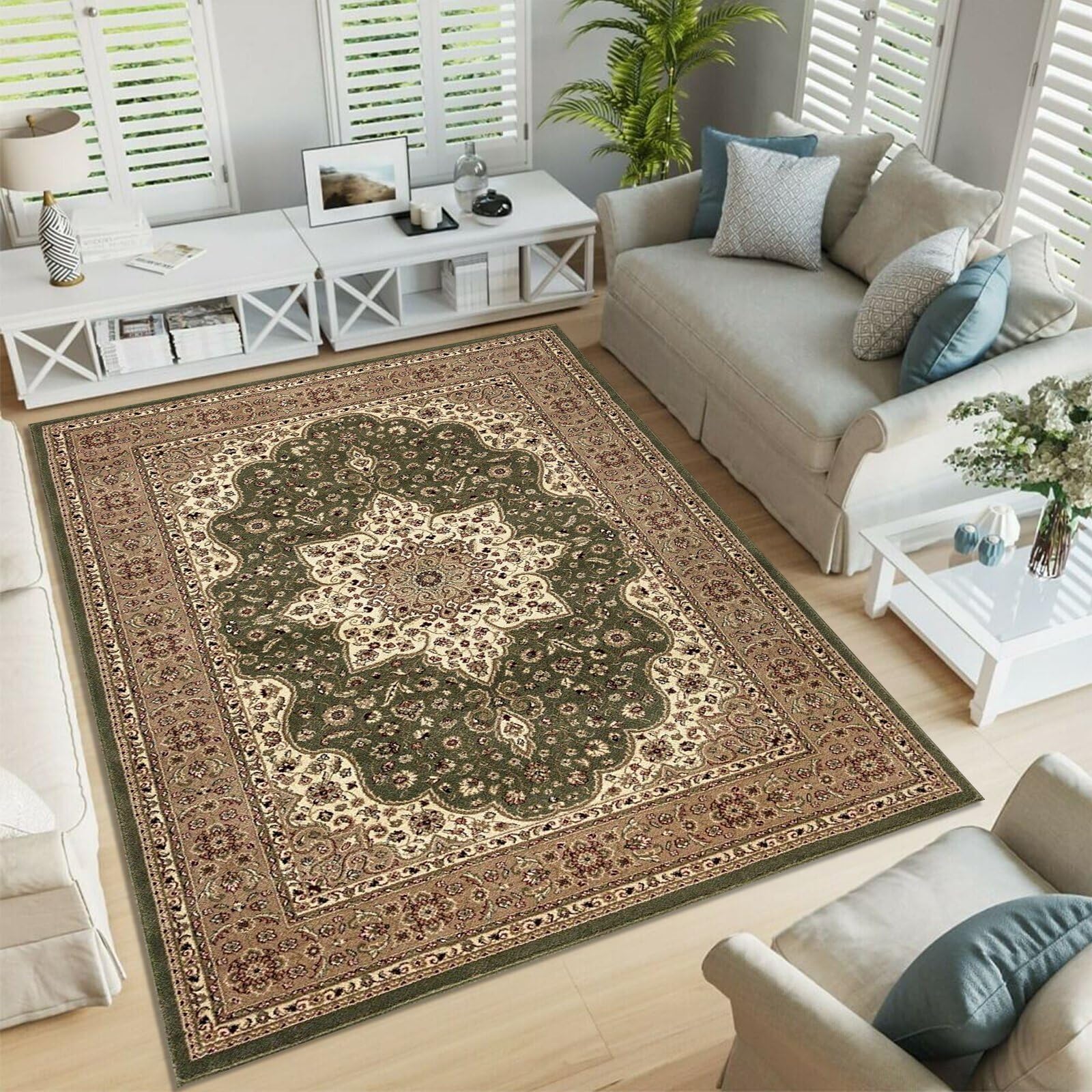 renoazul® Area Rugs Living Room Large 240x320 cm - Washable Green Rugs For Living Room - Rome Turkish Bedroom Carpet