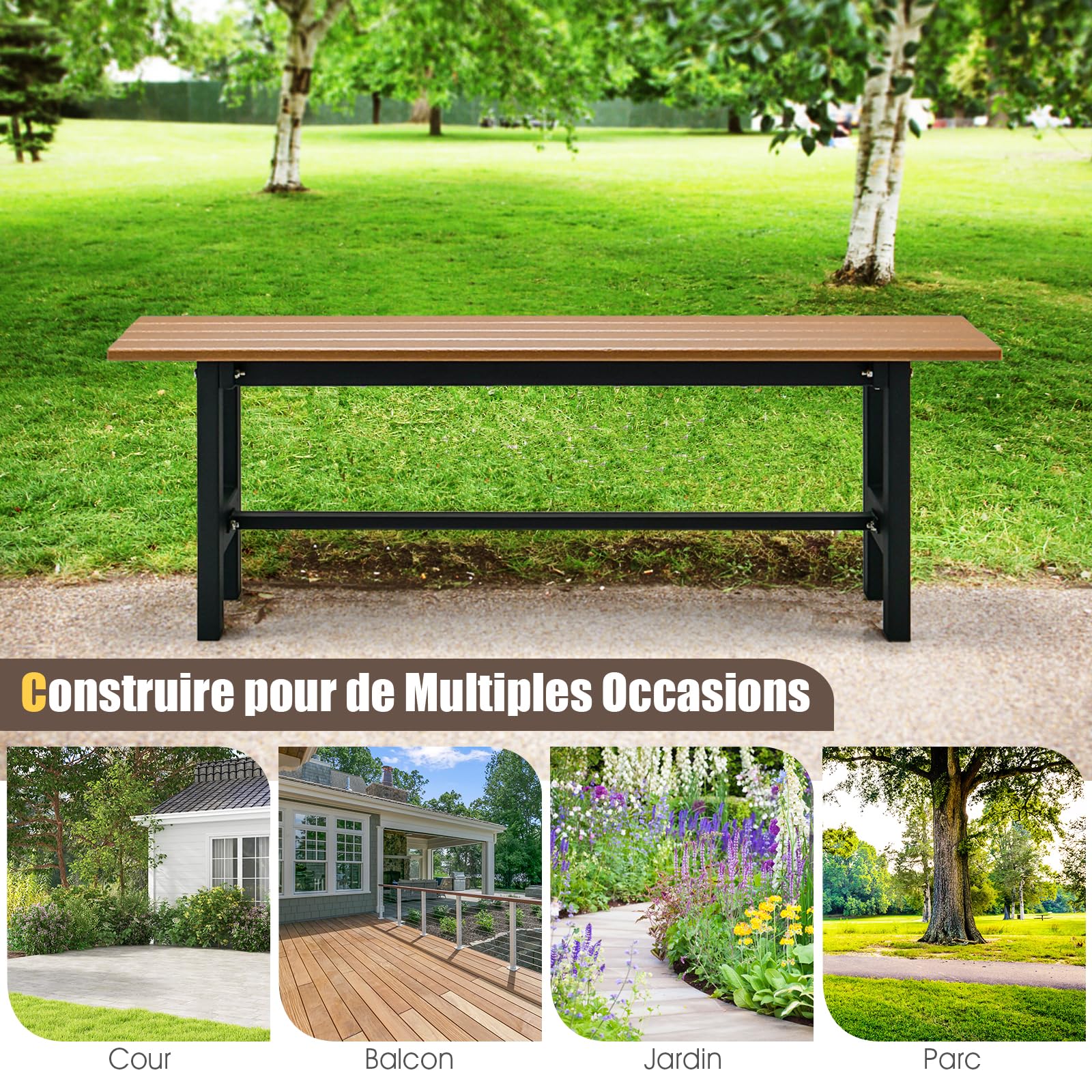 COSTWAY Banc de Jardin en HDPE et Cadre Métallique, Banc de Terrasse sans Dossier avec Assise à Lattes, Charge 300KG, 2 Places, pour Jardin, Terrasse, Cour, 120 x 36 x 40,5 cm (Marron)