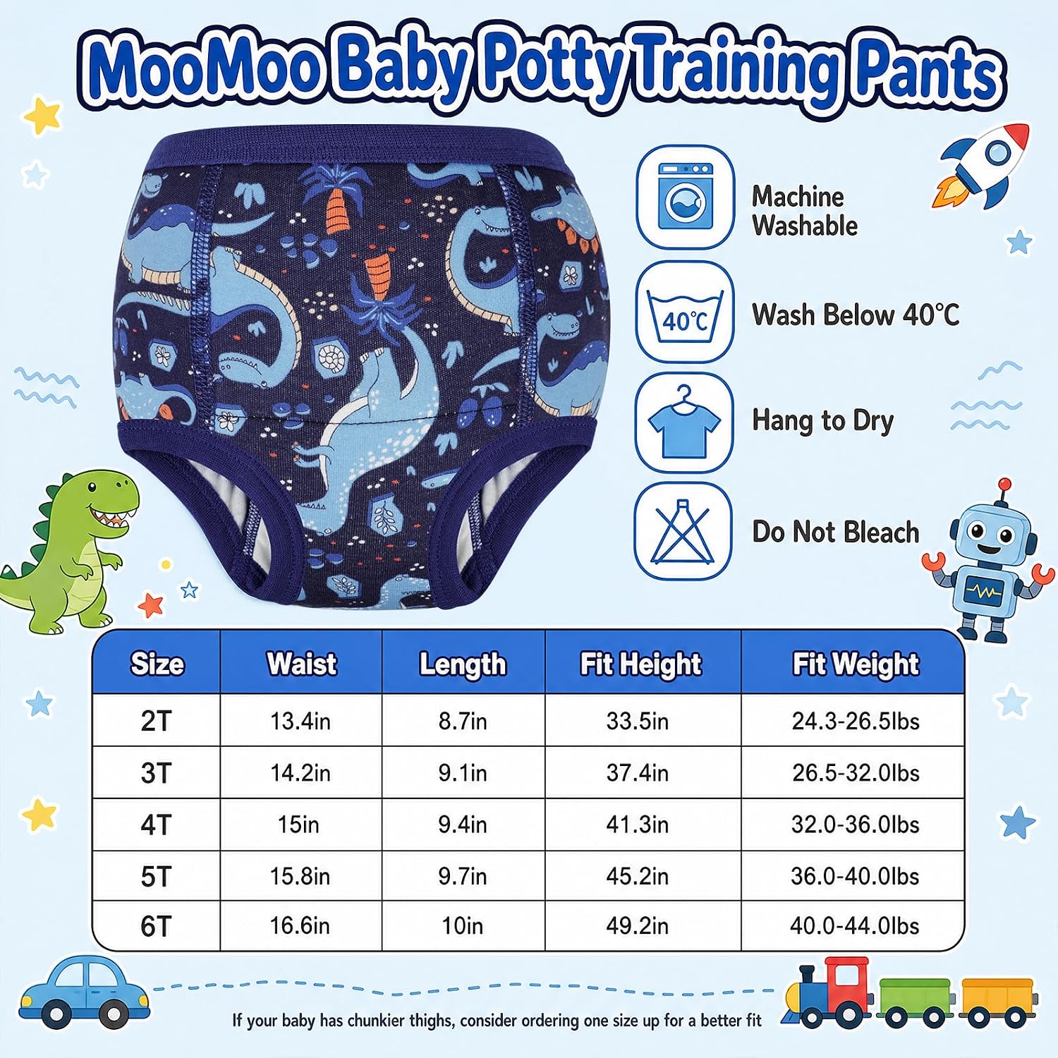 MooMoo Baby Potty Training Underwear for Boys Cotton Toddler Training Pants Reusable Absorbent Training Underwear for Toddler 3T, 6 Pack