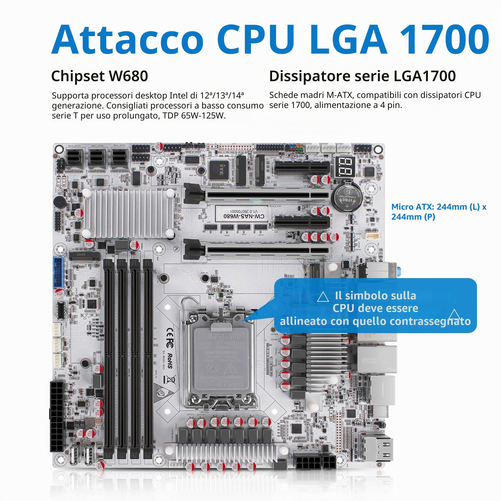 CWWK W680 NAS Motherboard Micro ATX 12 Bay, LGA 1700 mATX Scheda madre Bianco con 10GbE&2 * 2.5GbE LAN, 4 x DDR5 Desktop RAM (ECC), 3 x NVMe, PCIe5.0 x16, vPro (3x 4-SATA Cable)