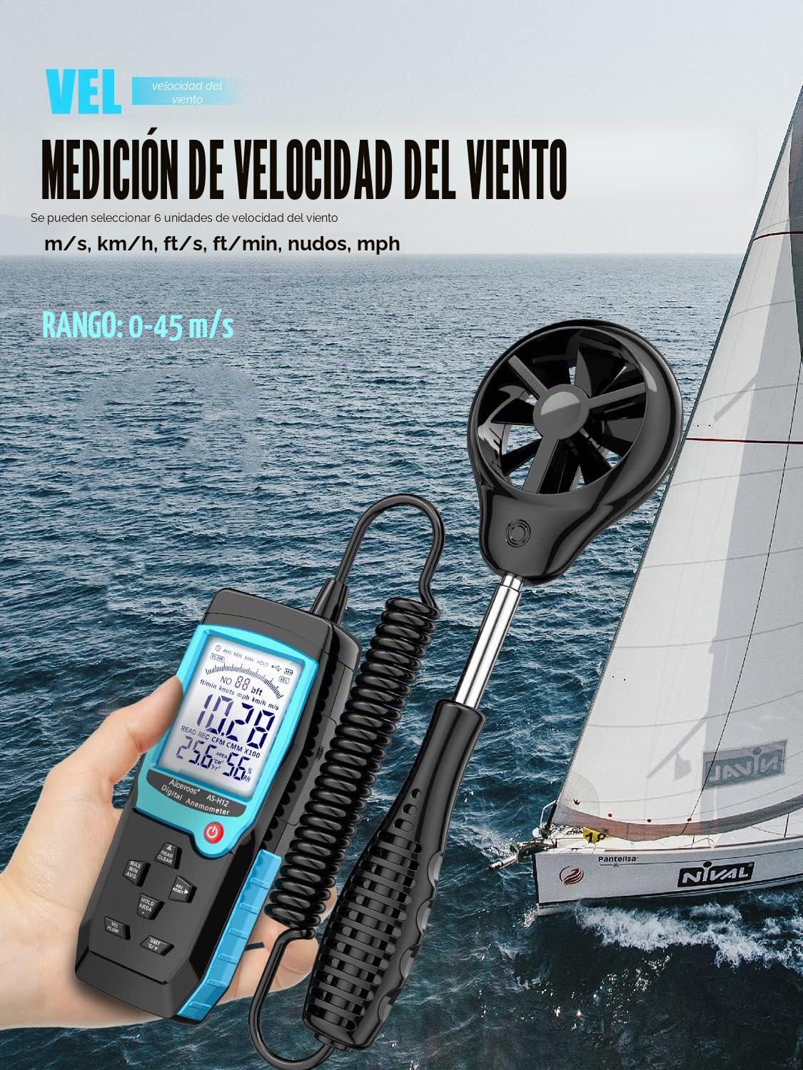 Anemometro Portatil Anemómetro Digital con Sensor de Viento Extendido, Mide Temperatura del Viento Velocidad del Viento Flujo de Viento CFM y Humedad con Retroiluminado y MAX/MIN/AVG