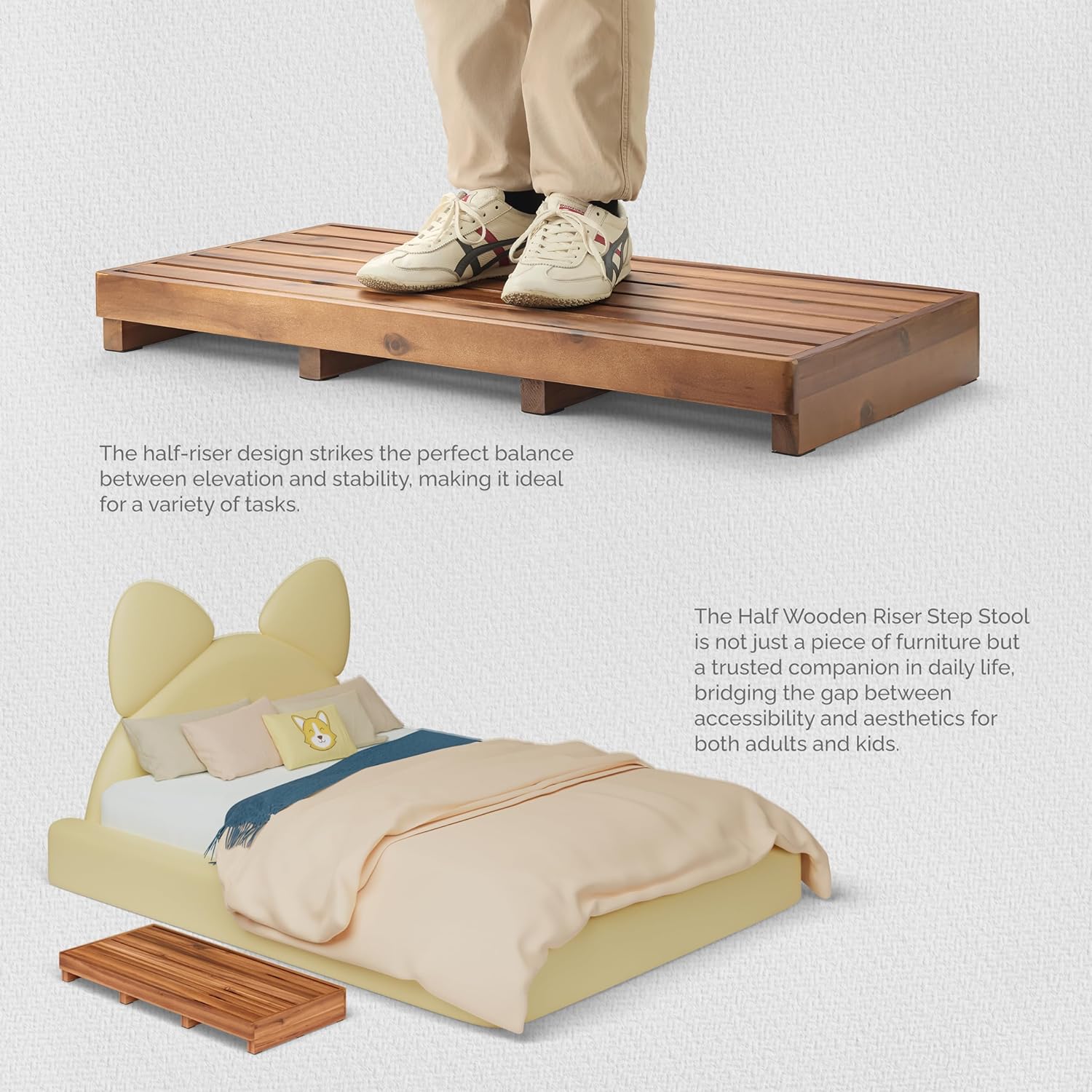 TINAMO One Step Stool for Elderly (35" Length) - Acacia Wood High Step Stool with Non-Slip Pads - 550 Lbs Wooden Mobility Stepping Stools for Handicap, Bed, Bathroom, Kitchen (Patented)