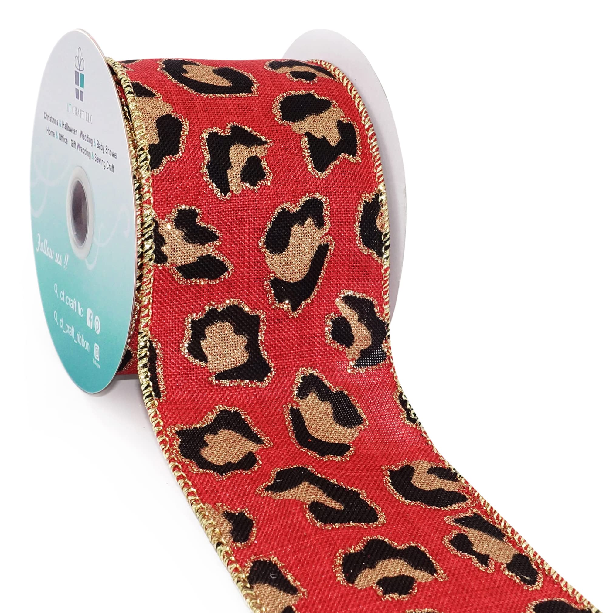 CT CRAFT LLCFaux Jute Leopard Printed Wired Ribbon for Home Decor, Gift Wrapping, DIY Crafts, 2.5” x 10 Yards x 1 Roll - Red with Black and Gold