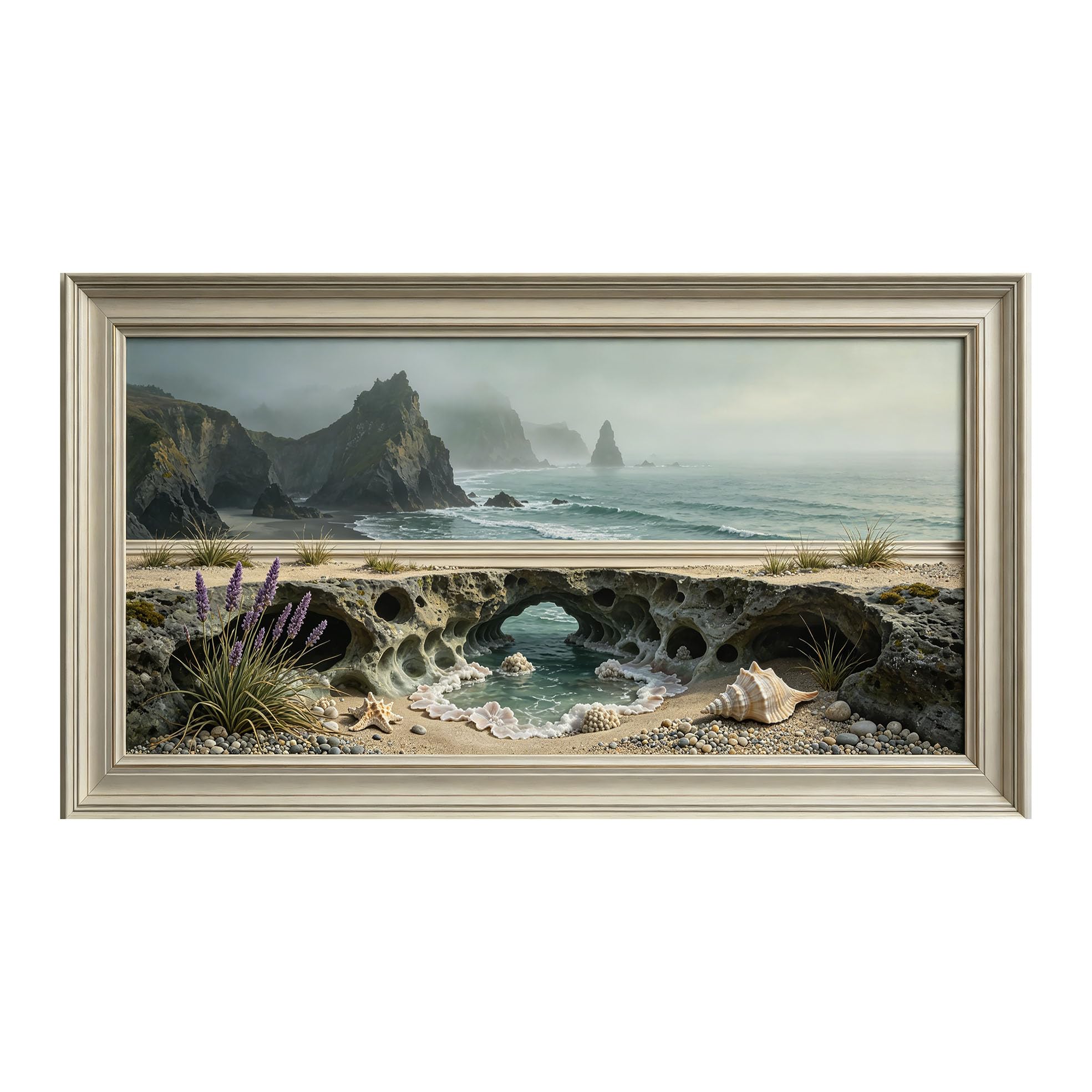 Yzpallescene 3D Framed Wall Art 50cm×100cm Coastal Seascape Panoramic Trompe L'oeil Large Size SelfAdhesive Removable Wall Decor Prints Artwork for Living Room Bedroom Office
