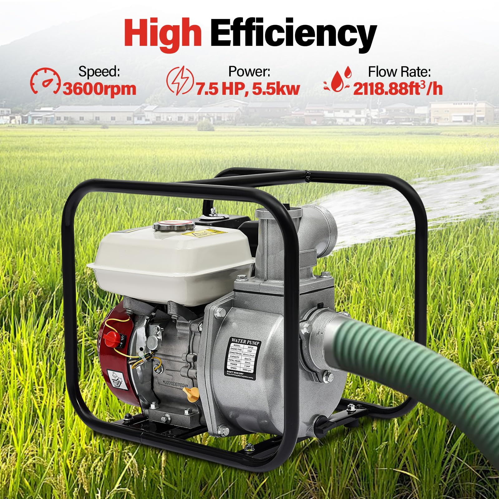 264GPM 7.5PS 4 Stroke Gasoline Engine Water Pump, 210cc Gas Powered 3inch Portable Semi Trash Pump, Max 92 ft Lift, 23ft Suction, for Irrigation and Pool Water Changing