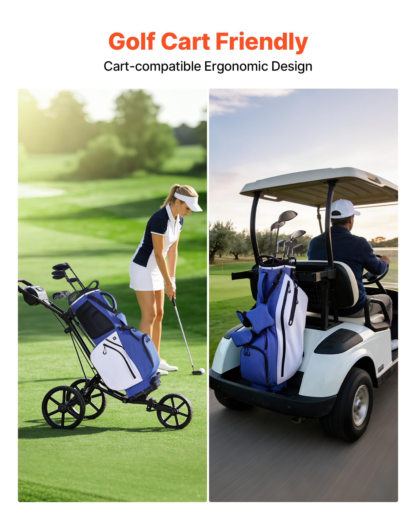 VEVOR Golfbag mit 7-Facher Einteilung, Golftasche mit Standfüßen Doppelschultergurt Durchgehenden Trennfächern Regenhaube Stautaschen, Caddybag aus Polyester für Herren Damen Golf Cartbag