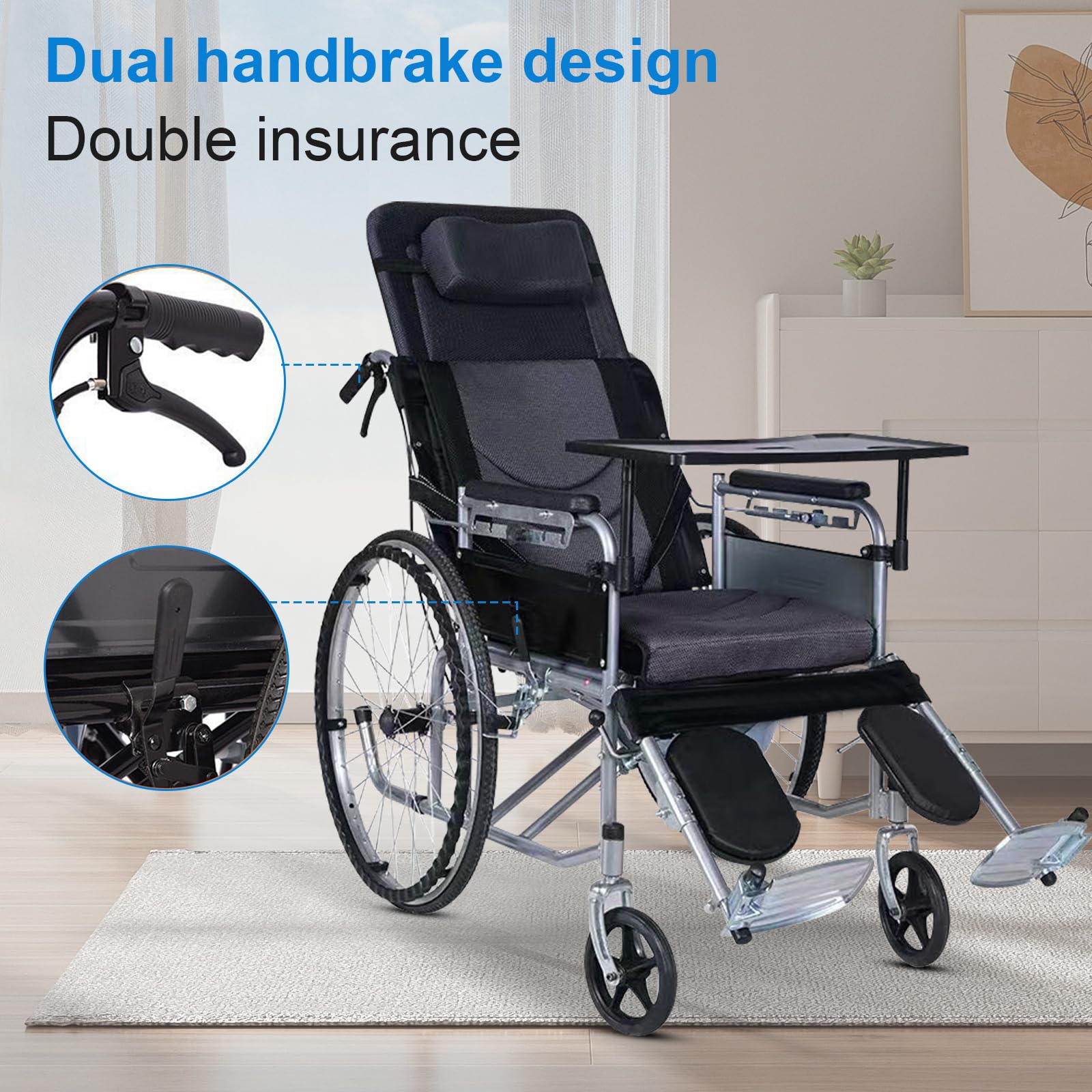 Silla de Ruedas Plegable Ligera - Silla de Viaje de Aluminio Totalmente reclinable y Ajustable - Asiento de 45 cm para Adultos, Personas bariátricas y Personas Mayores - Capacidad de 118 kg