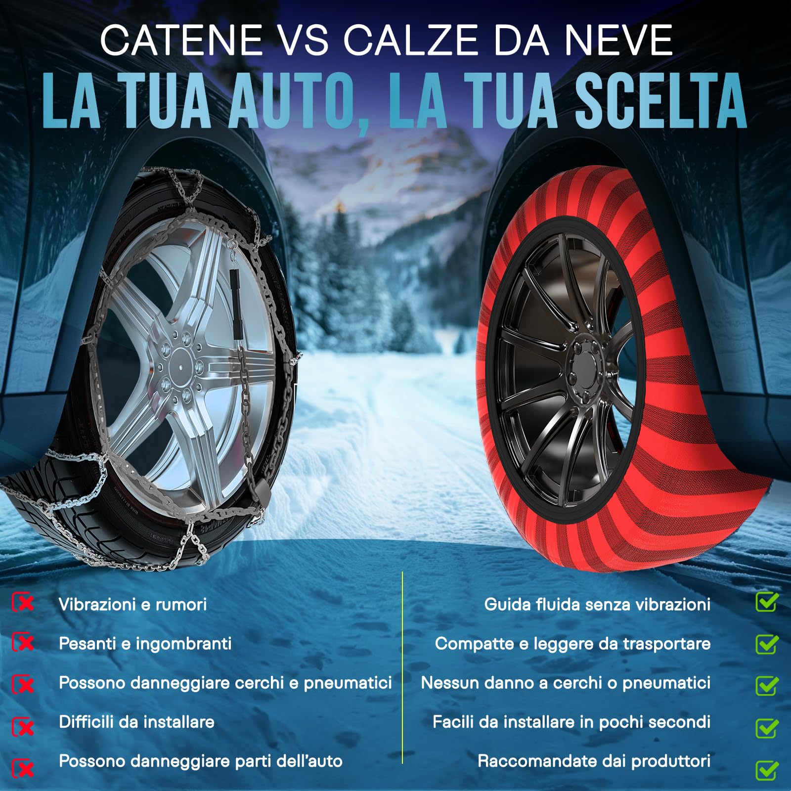 ISSE Calze da Neve Omologate Italia EN 16662-1 – 2 Catene da Neve in Tessuto per Auto Facili da Installare - Resistenti - Guanti Inclusi T70