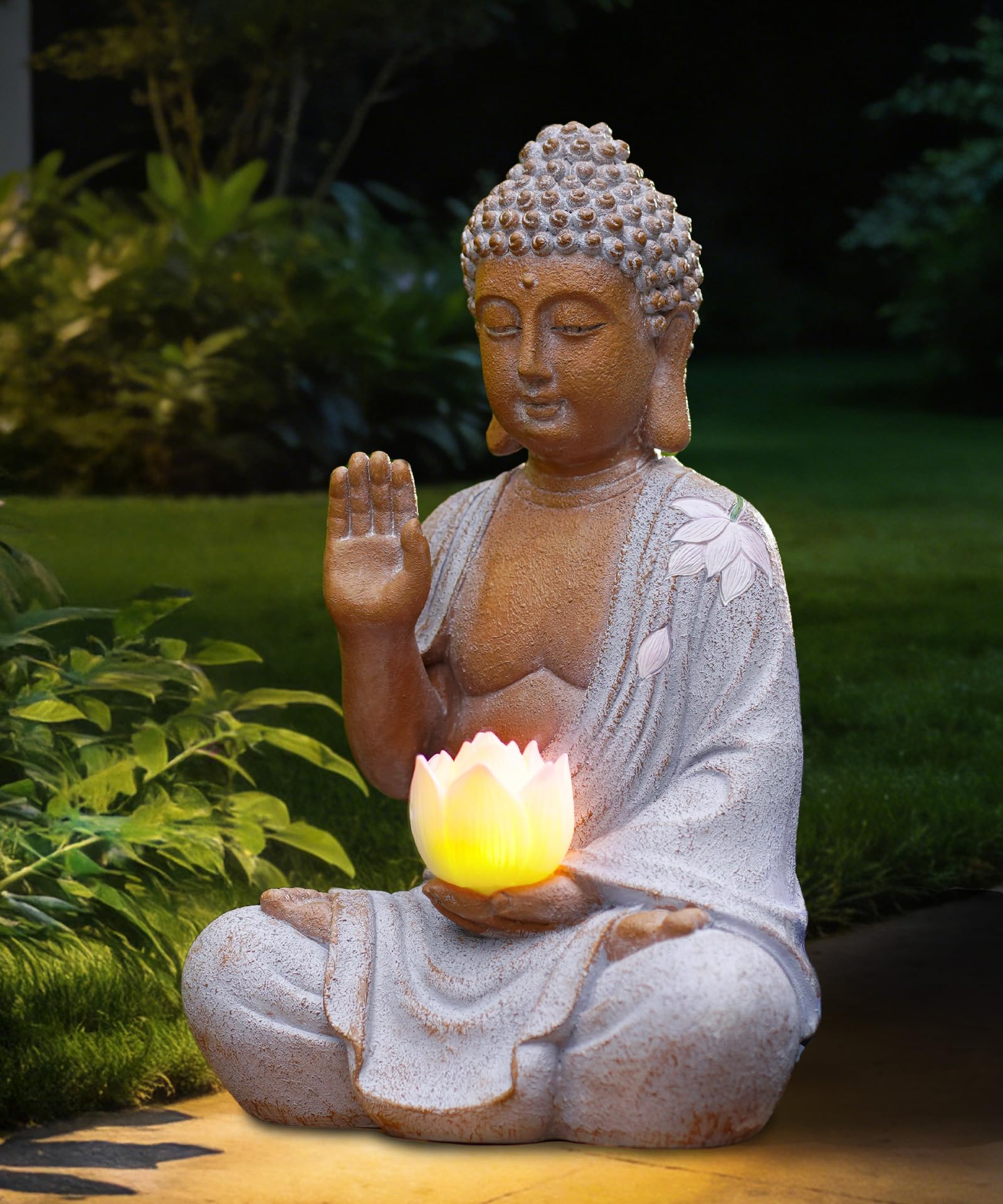 Yeomoo 27CM Buddha Figur mit Solar LED Lotus Gartendeko für Draußen