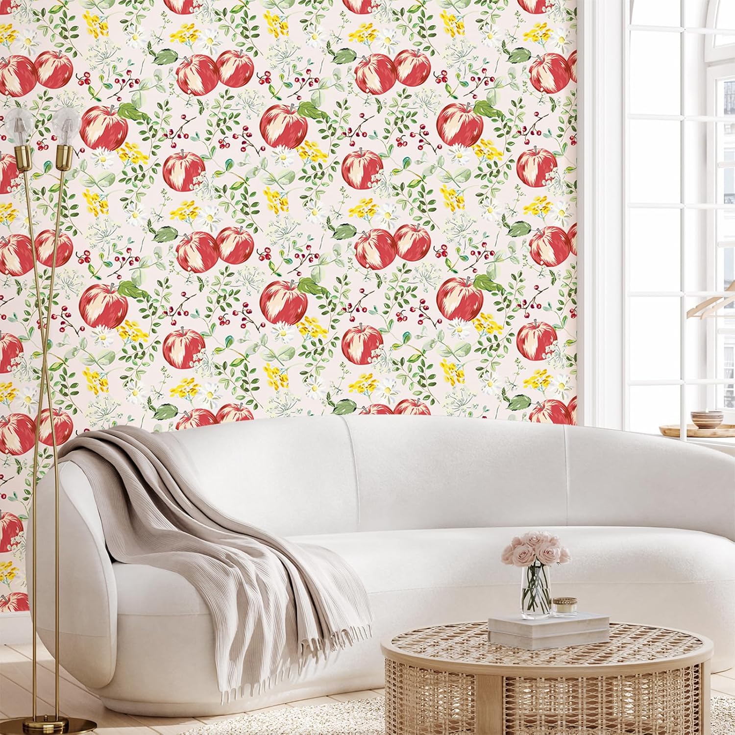 CRE8TIVE Apple Floral Peel and Stick Wallpaper for Nursery Bedroom 12"x118" Cream White Garden Plant Wallpaper Mural Removable Self Adhesive Daisy Berry Flower Leaf Contact Paper for Cabinets Dressers