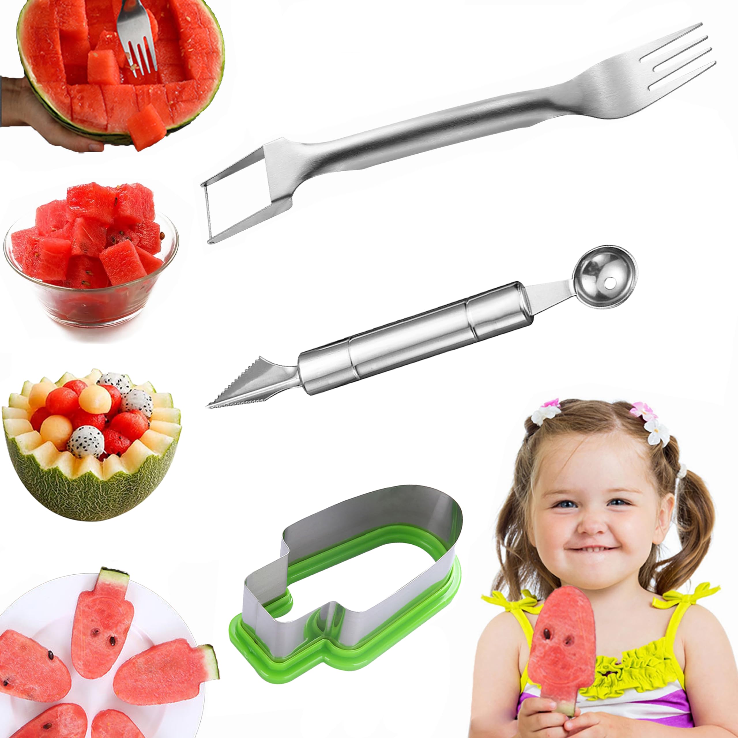 3 piece set Watermelon Popsicle Cutter, Melon Baller Scoop, Watermelon Cutter Slicer Tool Set, Stainless Steel Fruit Cutters Shapes, Watermelon Fork Slicer Cutter, Kitchen Gadgets, for Kitchen Camping