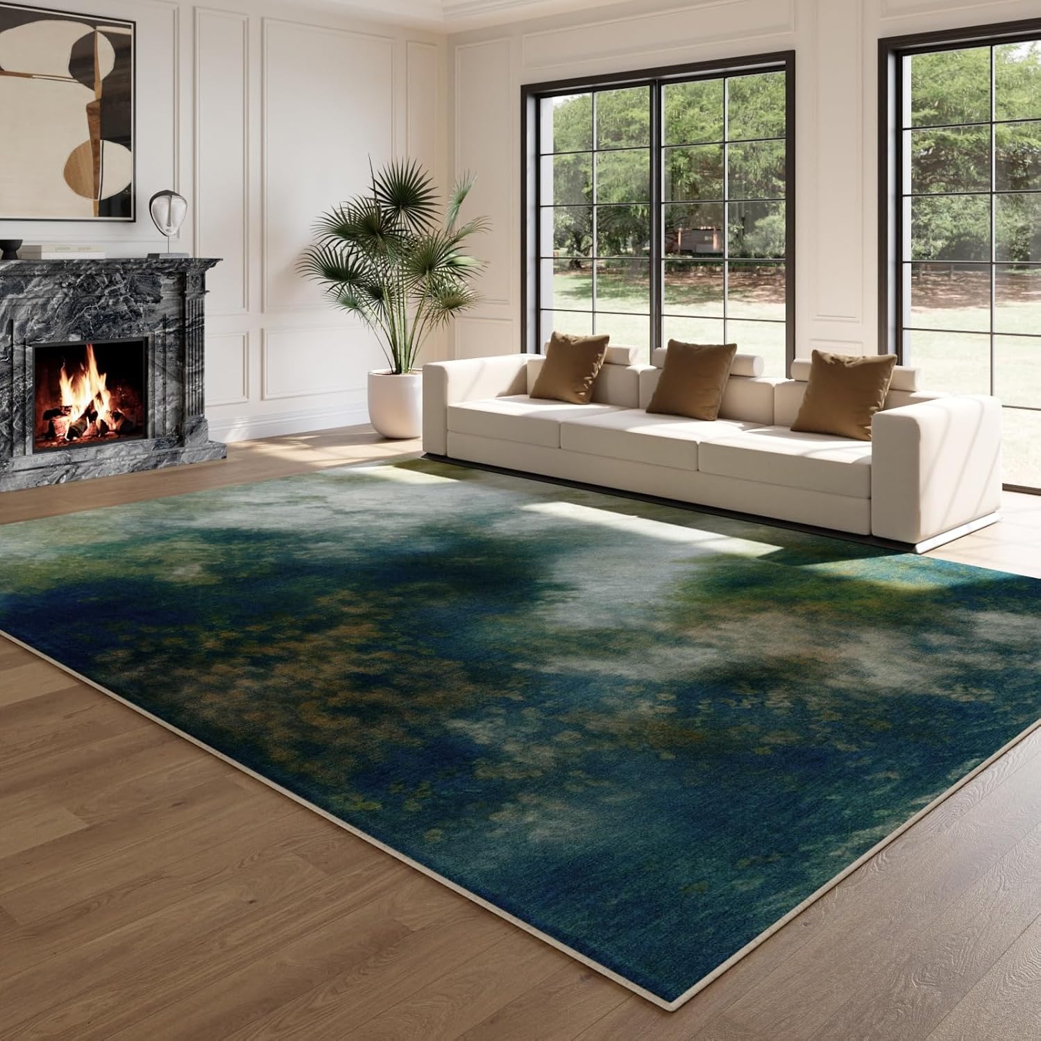 ST. BRIDGE Washable 6x9 Blue Area Rug for Living Room Bedroom, Soft Low Pile Non-Slip Stain Resistant Carpet, Modern Abstract Vintage Indoor Large Rug for Dining Room Kids Playroom Home Office