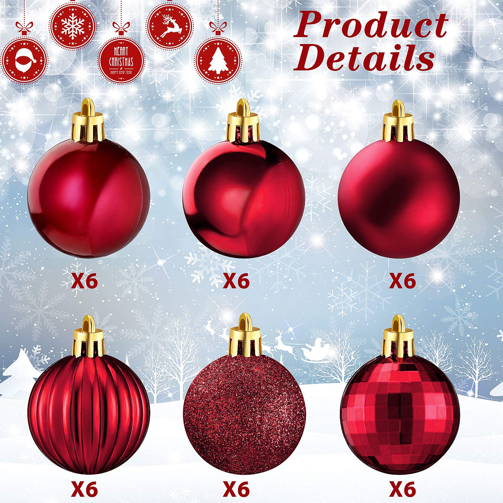 36 Pieces Christmas Ball Ornaments Shatterproof Christmas Decorations Tree Balls for Tree Ornaments Holiday Wedding Party Decoration Hooks 1.57 Inch (Burgundy)
