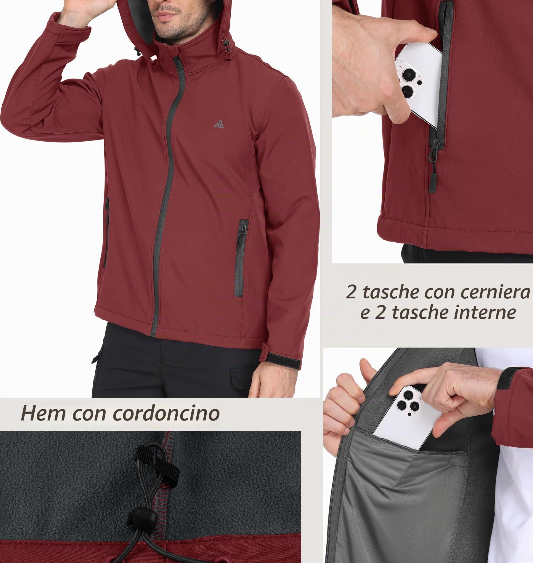 ZITY Giacca Softshell da Uomo Giacche da Escursionismo con Cappuccio Impermeabili Giacca Invernali in Pile con Tasche Cappotto Trekking Outdoor per Campeggio Pesca