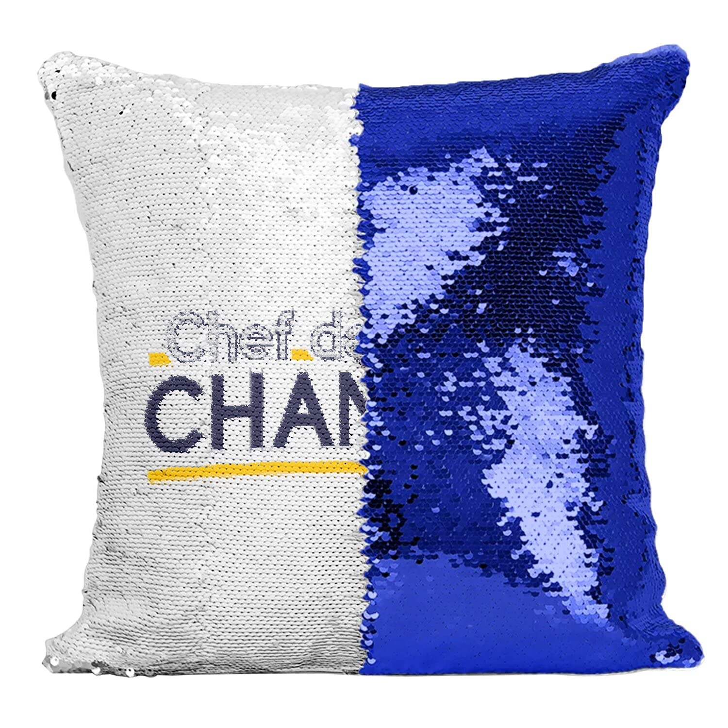 Coussin paillettes bleu enfant thématique Chef de Chantier pour animer son coin lecture
