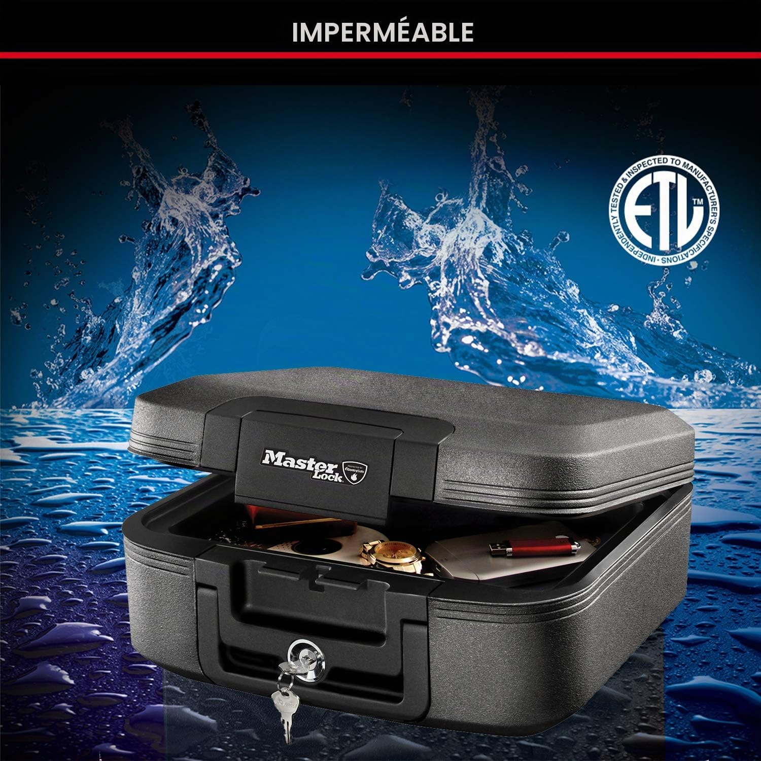 Master Lock Coffre fort anti feu et étanche à clef, triple protection - vol, incendie et inondation & Coffre Fort anti feu à clef, double protection - vol et incendie, 5L, 15.5x36.2x28.4cm