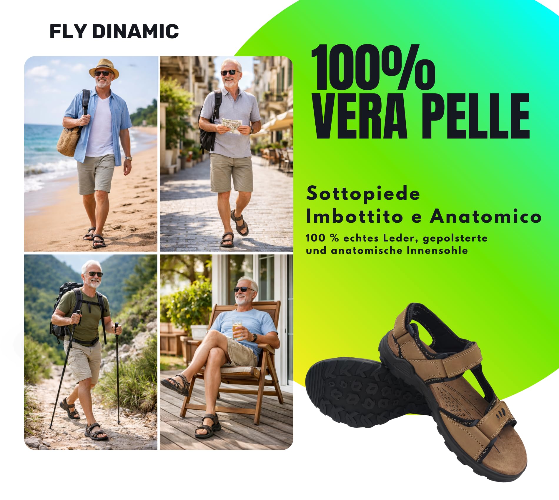 Sandali Estivi Uomo Trekking, Scarpe Estive Mare, Montagna e Spiaggia, Sandalo in Pelle con Strappo, Produzione Artigianale