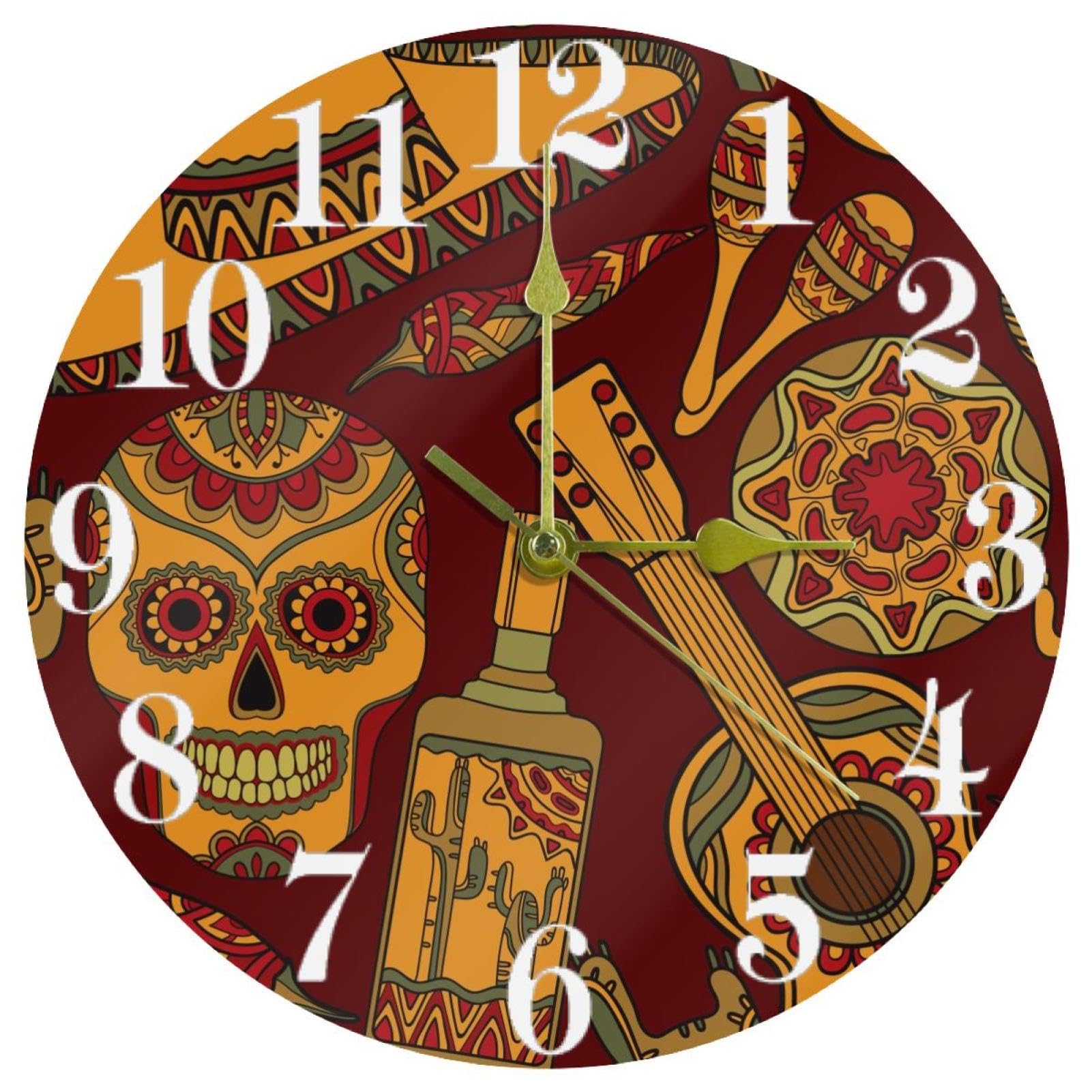 Horloge murale mexicaine tête de mort ronde et silencieuse pour déco de cuisine