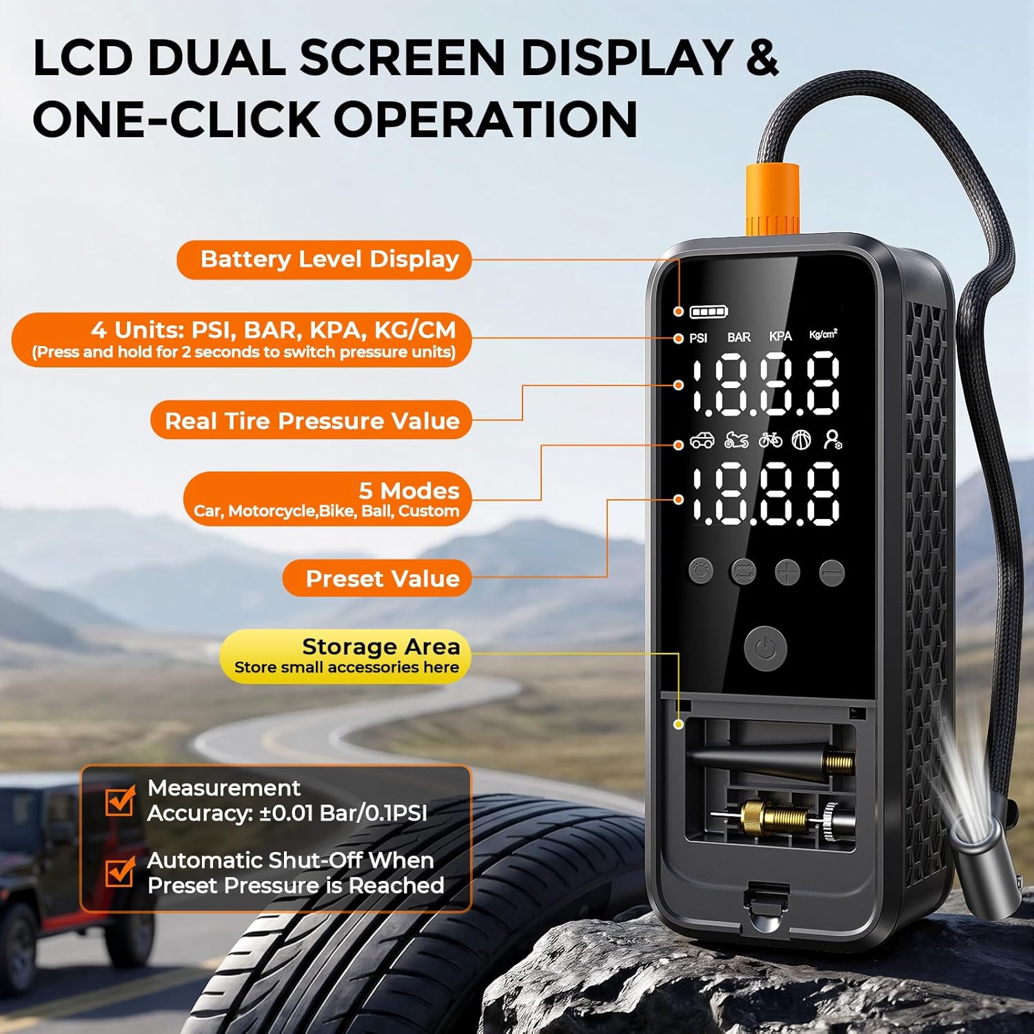 160PSI Tire Inflator Portable Air Compressor, 6000mAh Portable Tire Inflator for Car Portable Air Pump with Tire Gauge Pressure & LED Light Air Pump for Car Tires Cordless Bike Pump for Car