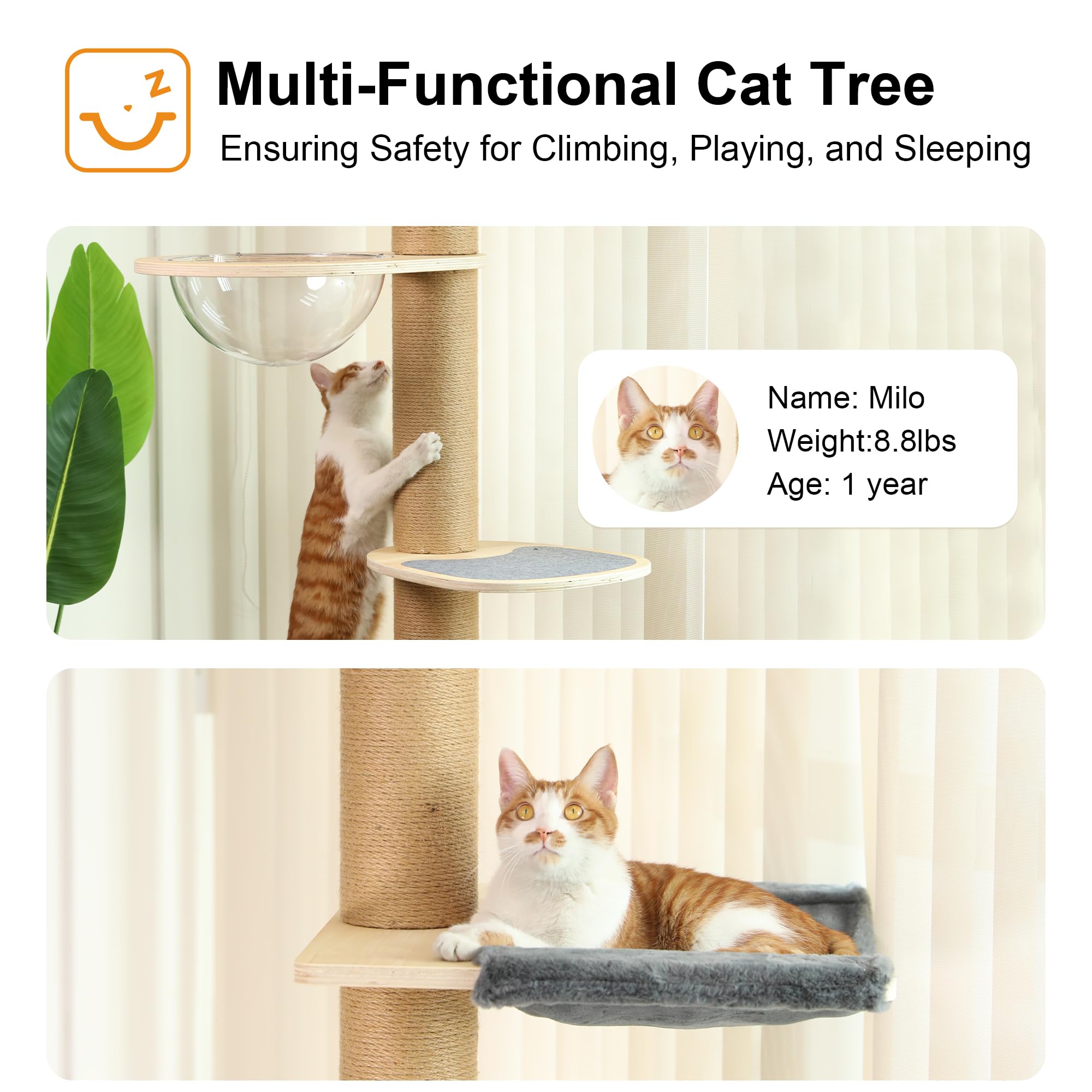 FUKUMARU Floor to Ceiling Cat Tree, 6 Level Adjustable Height (5.7-9.8 ft) Climbing Tower with Thickened Scratching Posts, Cats Activity Center with Transparent Capsule and Cozy Hammock
