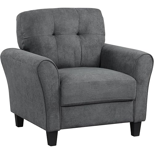 Giantex Modern Mid-Century Accent Chair - Linen Living Room Chair with Tufted Back, 7" Thick Cushion, Max Load 400 lbs, Upholstered Armchair with Non-Slip Foot Pads, Club Chair for Bedroom, Grey