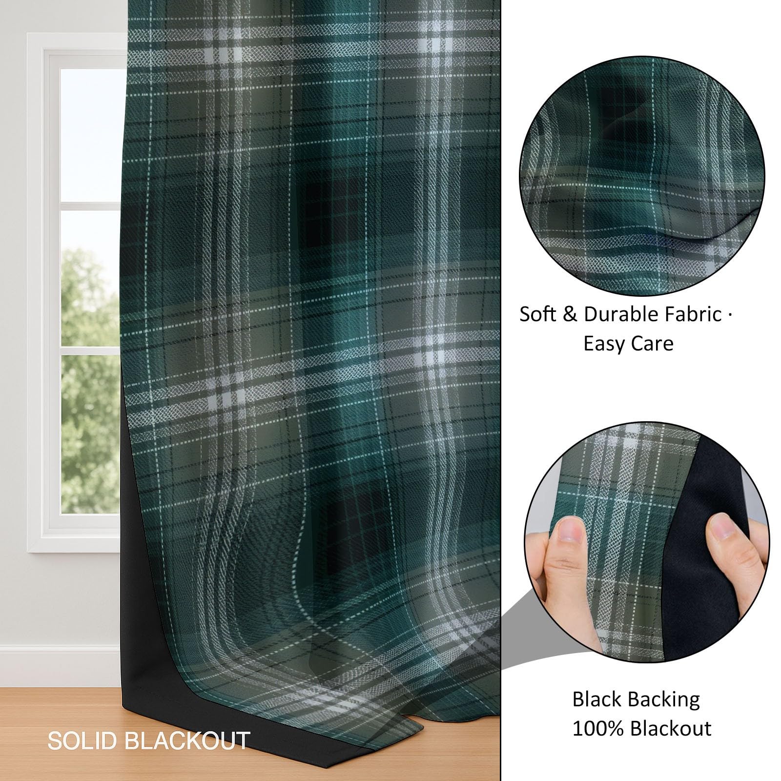 Vorhänge Blickdicht Verdunklungsvorhänge Thermovorhang 2er Set 160 x 70 cm, Strukturiertes Gittermuster ichtundurchlässige Vorhang mit Ösen für Schlafzimmer Geräuschreduzierung, Grün