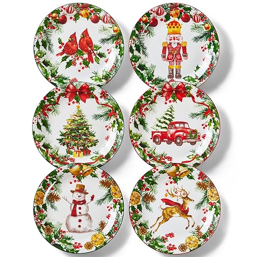 Christmas Salad Plates, 8 Inch Ceramic Plate Set, Appetizer Dishes for Pasta, Side Dishes, Holiday Treats, Dishwasher & Microwave Safe, Set of 6