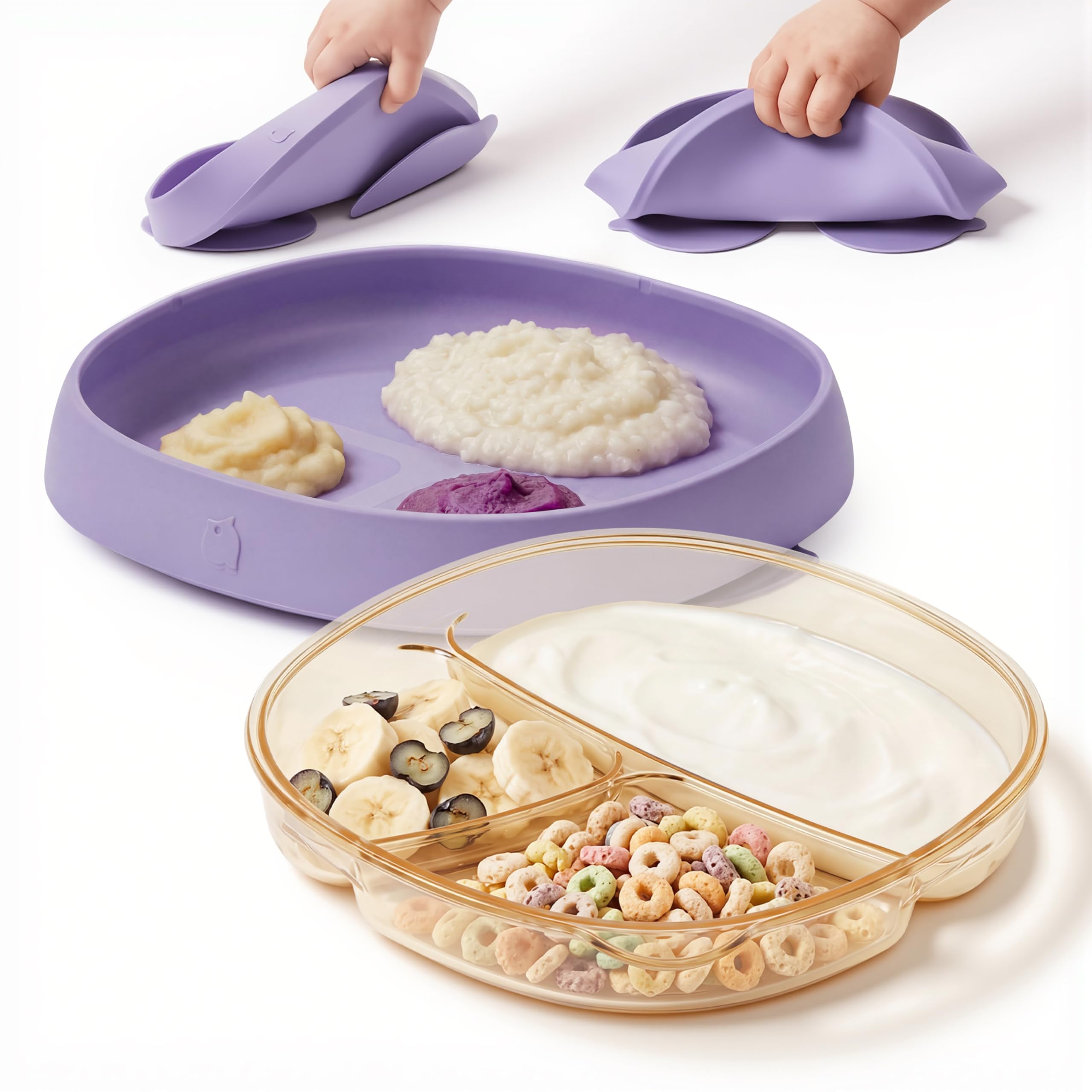 lalalark Toddler Plates with Suction Base 2 Pack - PPSU & Food Grade Silicone Baby Divided Dishes for 0 1 2 3 Years Old, BPA Free Non-Toxic for Kids Led Weaning, Microwave & Dishwasher Safe(Purple)