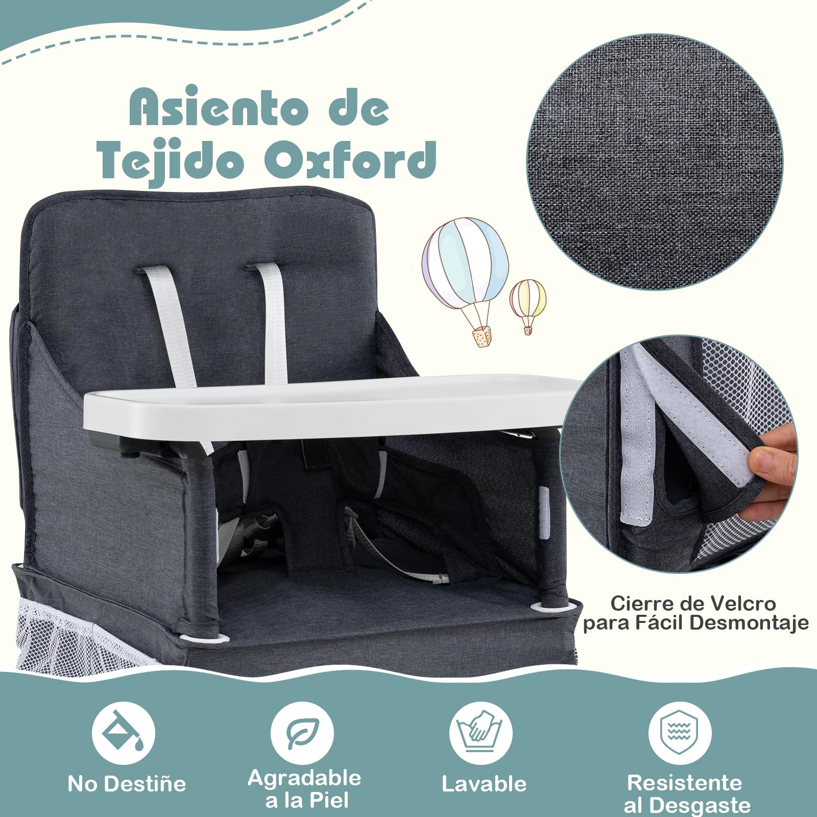 GOPLUS Trona Plegable para Bebés, Silla Alta Portátil Moderna de Viaje con Bandeja de 2 Posiciones, Protector Ajustable de Seguridad, Tejido Lavable, Bolsillos para Comer para Bebés de 6 a 36 Meses