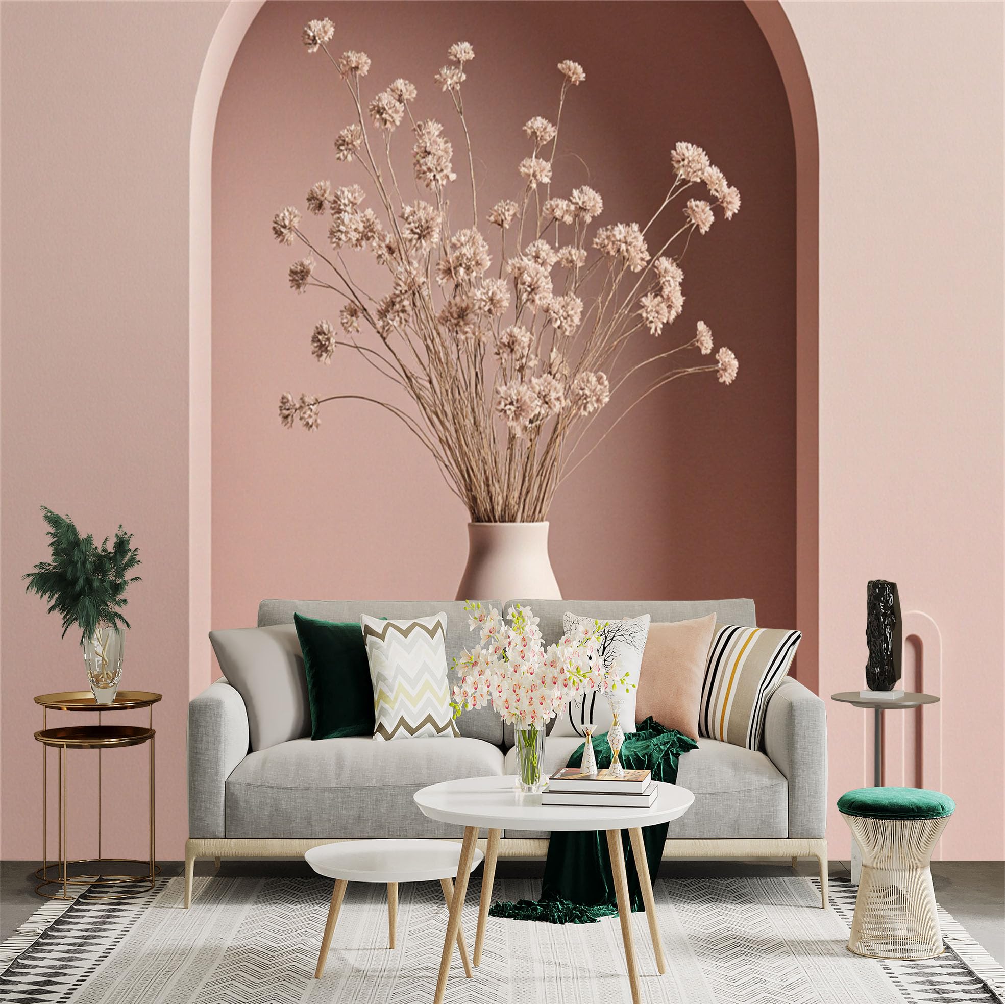 Custom Size Wall Sticker Mural， Dried Flowers in Ceramic Vase， Minimalist Blush Pink Arch Background， for wall Decoration， peelandstick wall Decals.