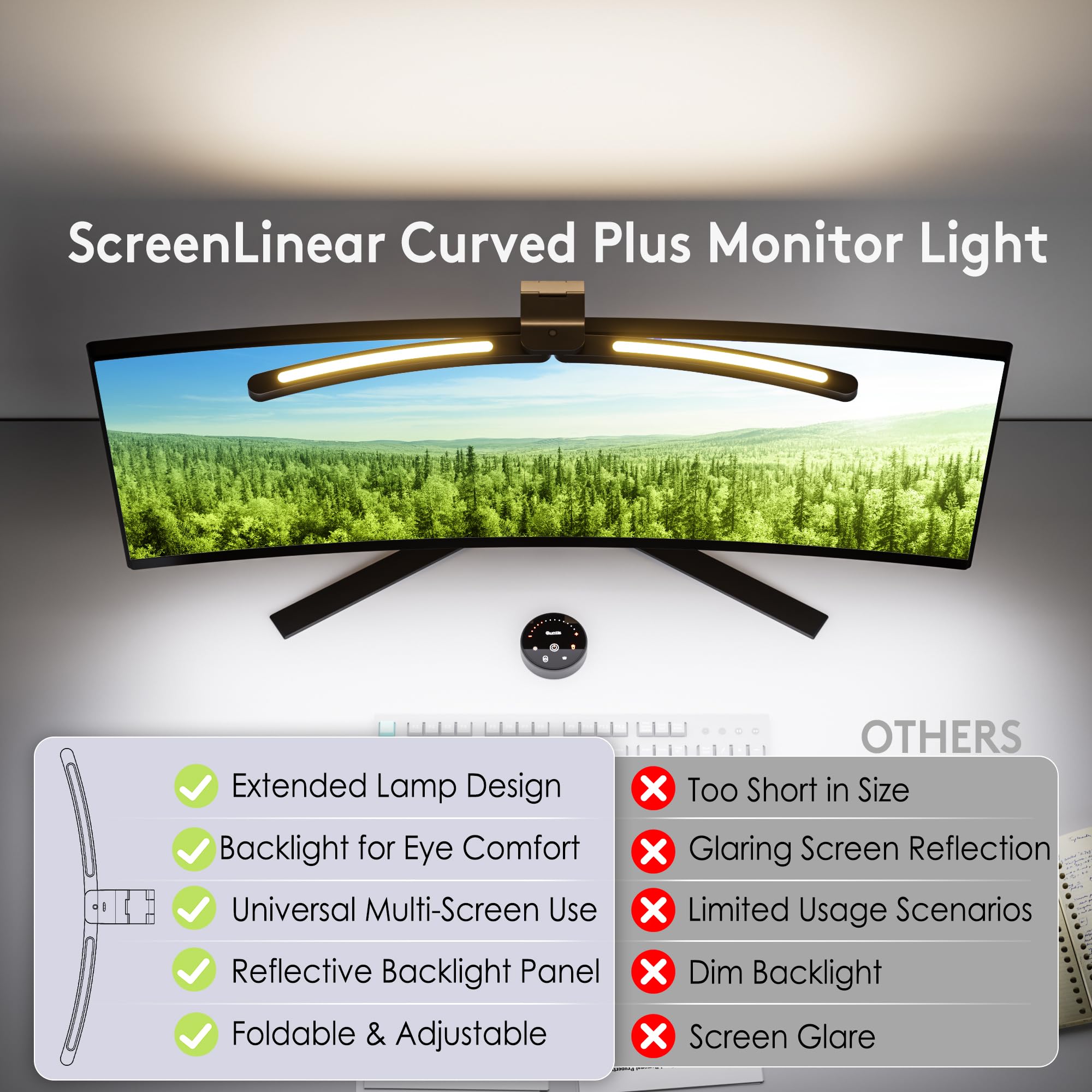Quntis 66CM zakrzywiona lampa do monitora z pilotem i ciepłym białym podświetleniem, składana lampa do monitora z automatycznym ściemnianiem, regulowaną jasnością i temperaturą barwową