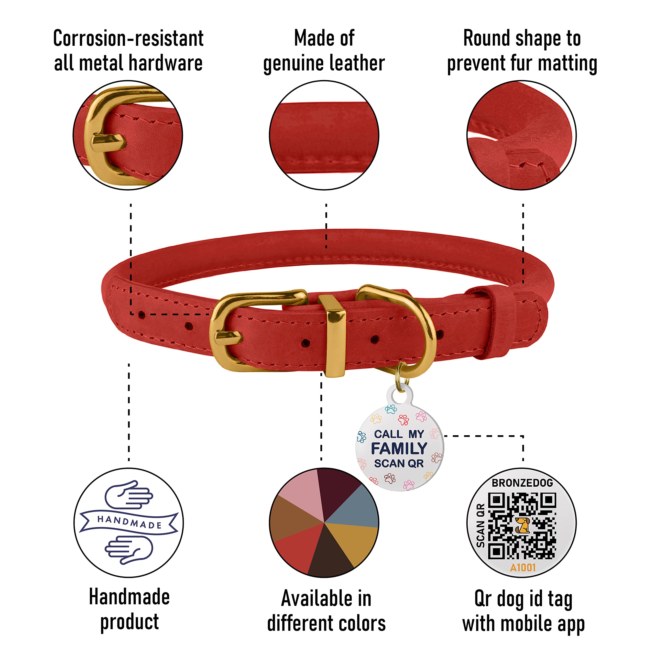 BRONZEDOG Rolled Leather Dog Collar with QR ID Tag Adjustable Soft Round Collars for Small Medium Large Dogs Puppy Cat (Classic Red - Image 3