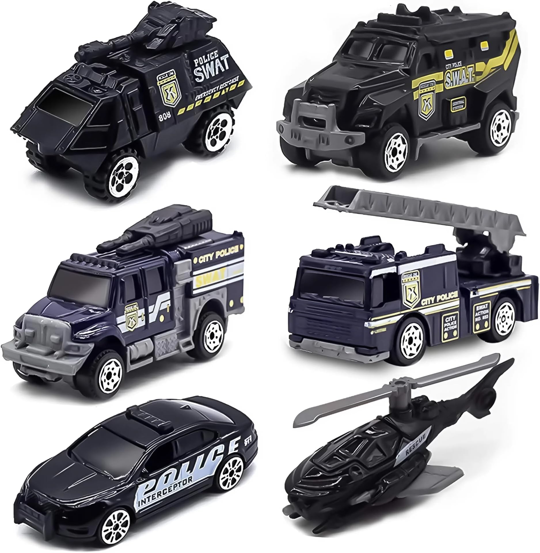 6 Pack Diecast Police Car Toy Set, Mini Alloy Models Police Car Toys for Boys 3-5 6 7, Armored Vehicle, Bulletproof Car, Rescue Truck, Military Helicopter, Armed Car Police Toys Kids Birthday Gift