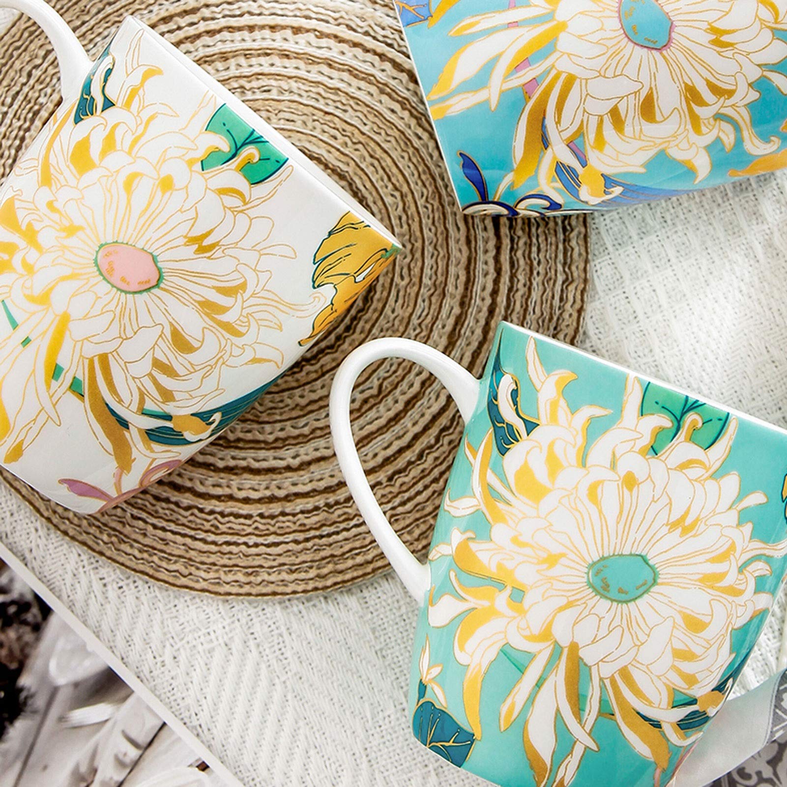 Filiżanki do kawy, kubek elegancka chryzantema seria lukier cenny kolor kości porcelana kubek mleko kubek śniadanie kubek światło luksus ręcznie malowany romantyczny wzór popołudnie herbata 400 ml