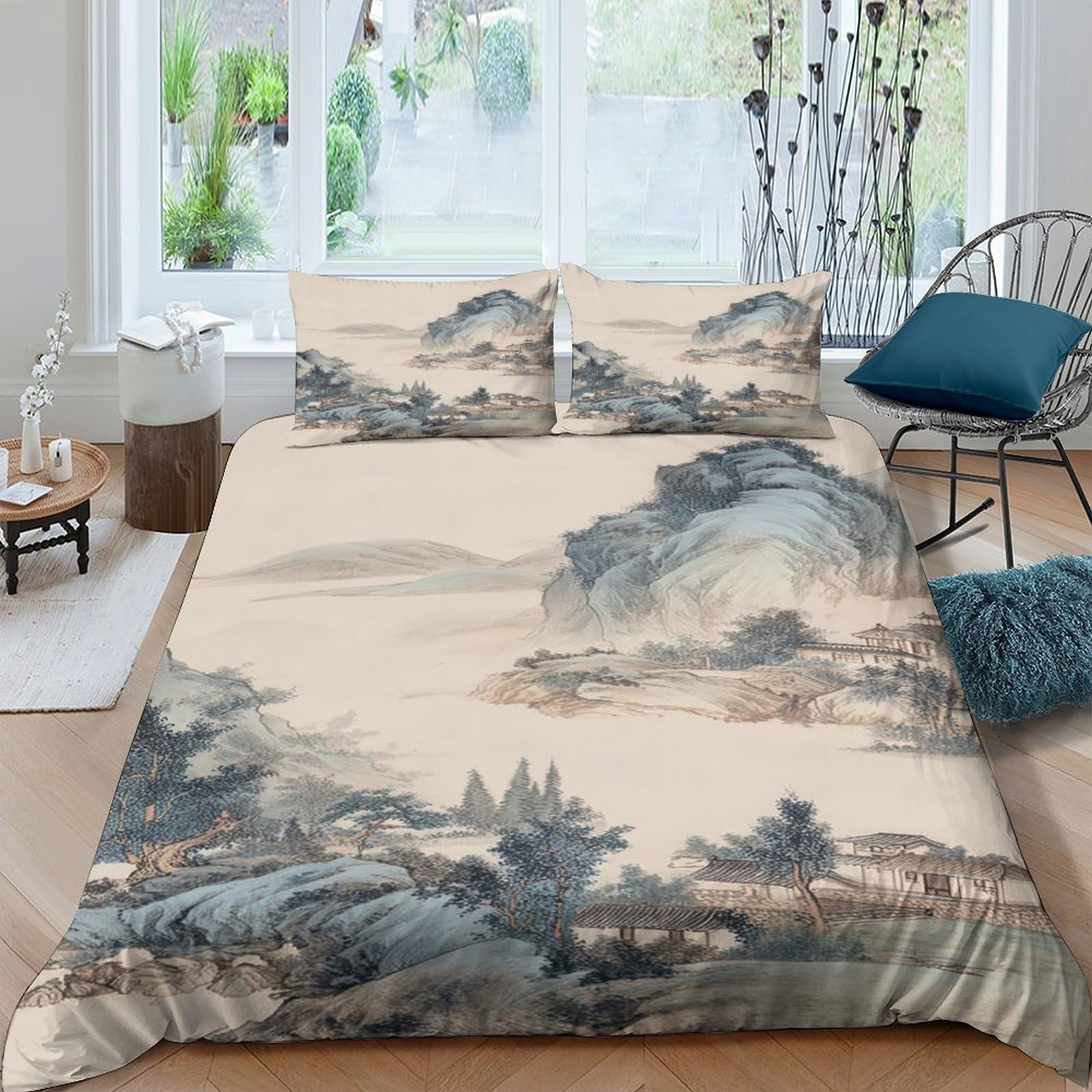 Ctjqhvkz Style-7 3D Printed Ink Landscape Fitted Sheet Microfiber Soft Breathable Mountain River Bed Cover For Bedroom Guest Room Decor Single（135X200cm）