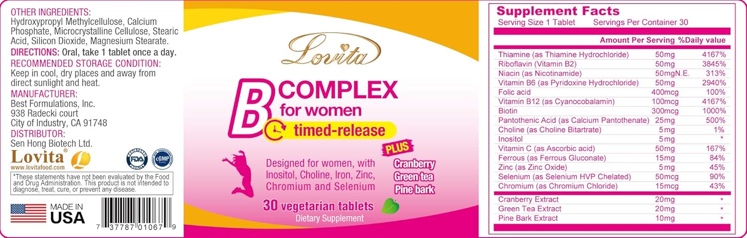 LOVITA High Potent Vitamin B Complex for Women, Timed Release, All B Vitamins with Iron, Vitamin C, Cranberry, Pine Bark, Green Tea for Energy, 30 Vegetarian Tablets (Pack of 3)