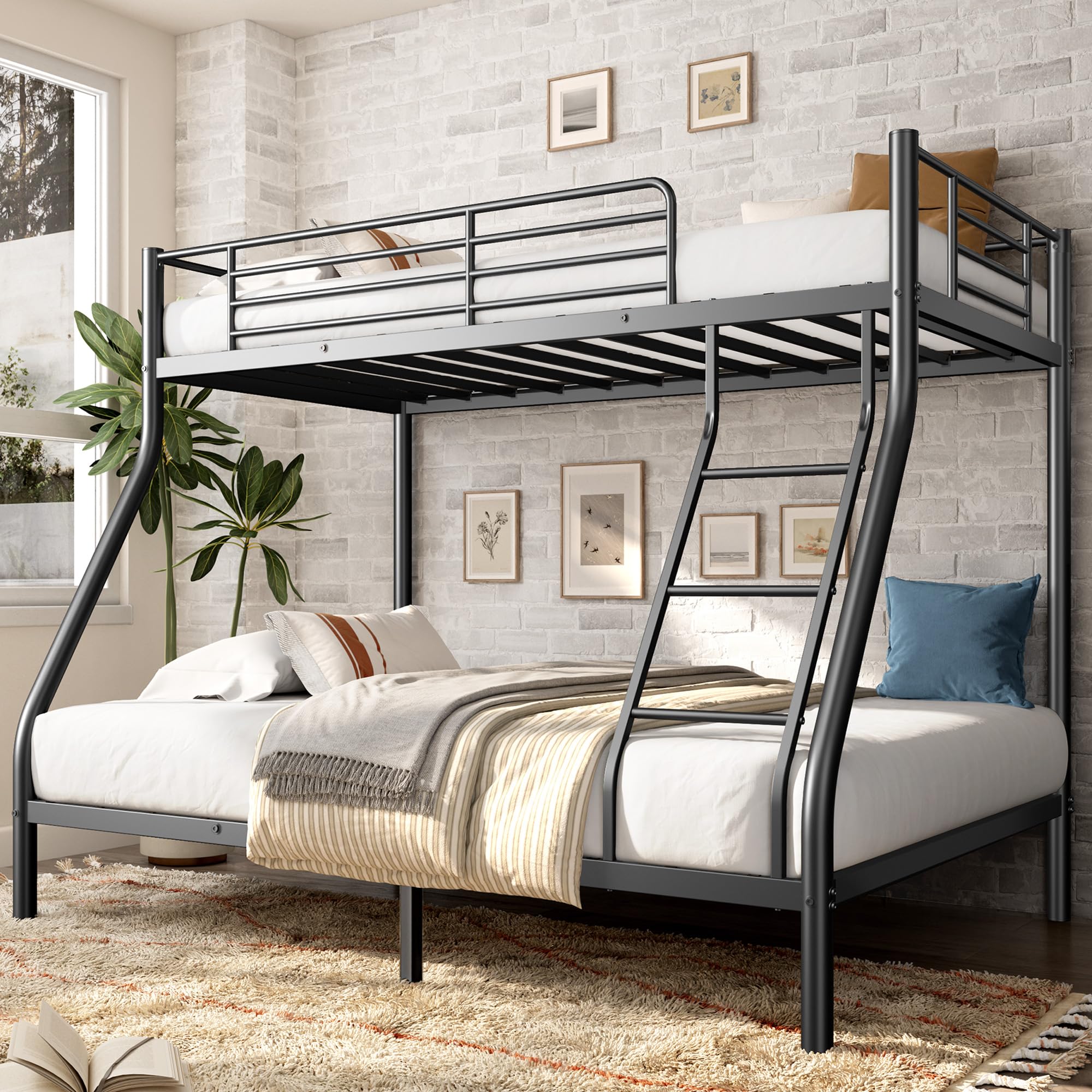 AEMSOFK Twin Over Full Bunk Bed for Adults with Stairs, Metal Bunk Beds Twin Over Full Size for Teens Dorm Bedroom Guest Room,Heavy Duty Bunk Beds