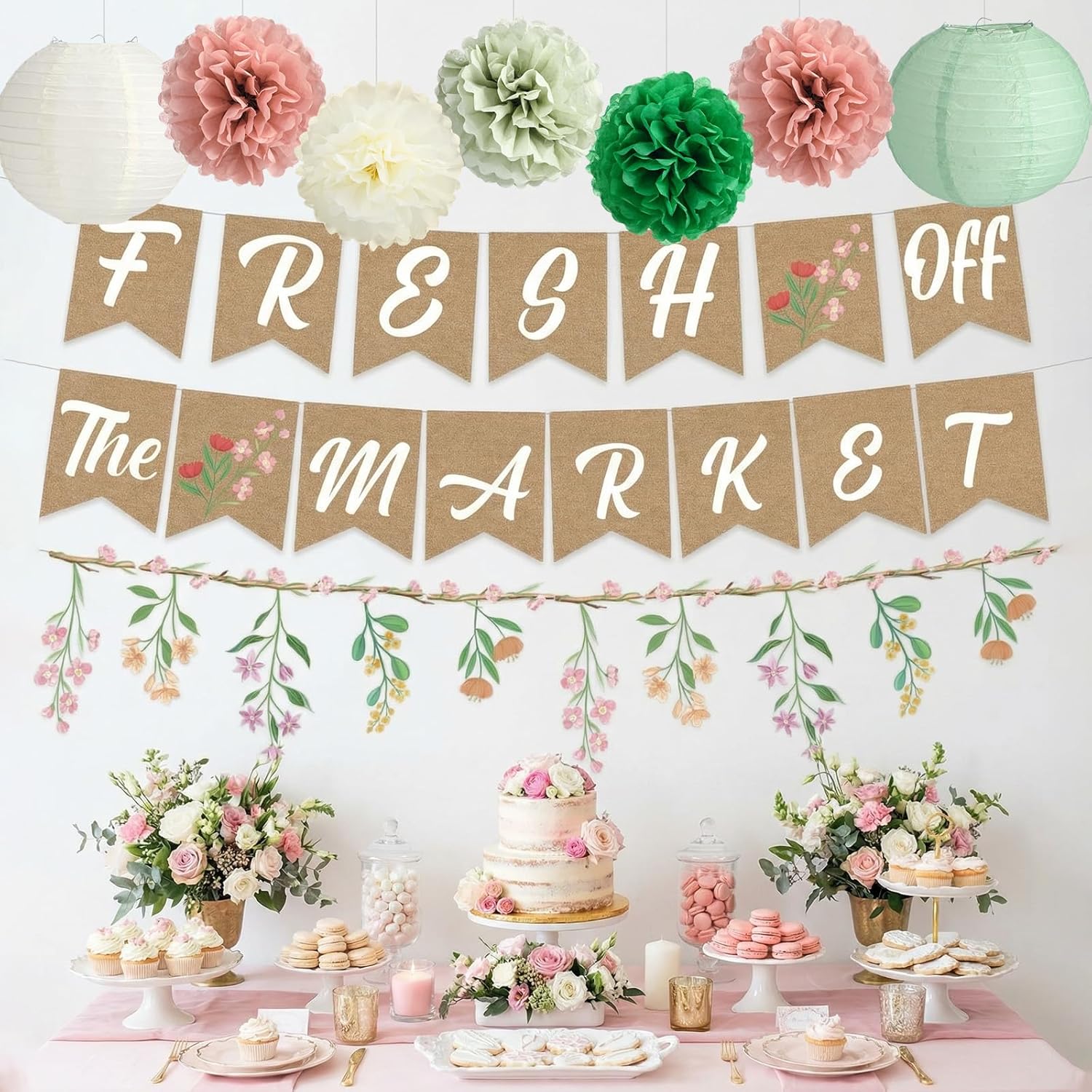 Mooliwe 14 Pcs Bridal Shower Decorations Sage Green Bachelorette Party Decorations Fresh off the Market Banner Wildflower Garland Paper Lanterns for Wedding Bachelorette Engagement Party Supplies