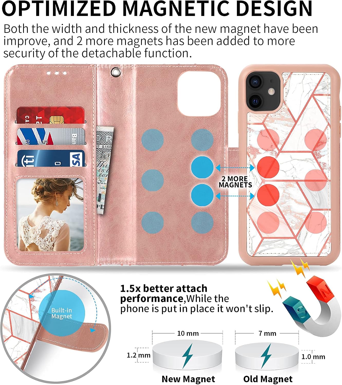 CASEOWL Case for iPhone 11 Wallet Case Magnetic Detachable 2 in 1 Case [Support Magnetic Car Mount] Marble Pattern Luxury PU Leather Lanyard Wallet Case with Card Holder, Wrist Strap for Women, Pink