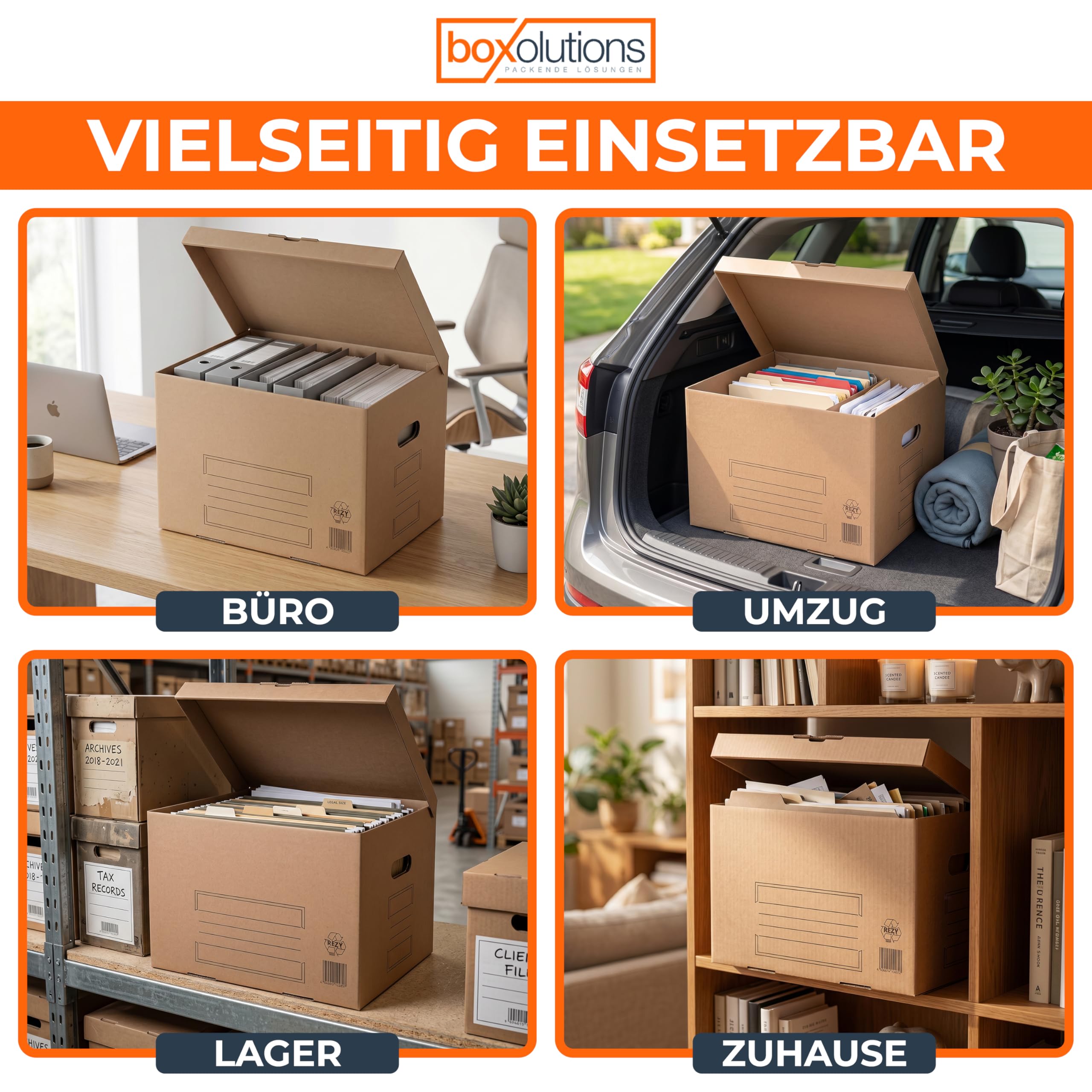 20 Stück Archivbox & Aktenkarton mit Klappdeckel – stabile Büro-Archivboxen aus Wellpappe für Ordner & Akten – stapelbar, wiederverwendbar, umweltfreundlich – 41x32x28,5 cm, für Büro-Archivierung