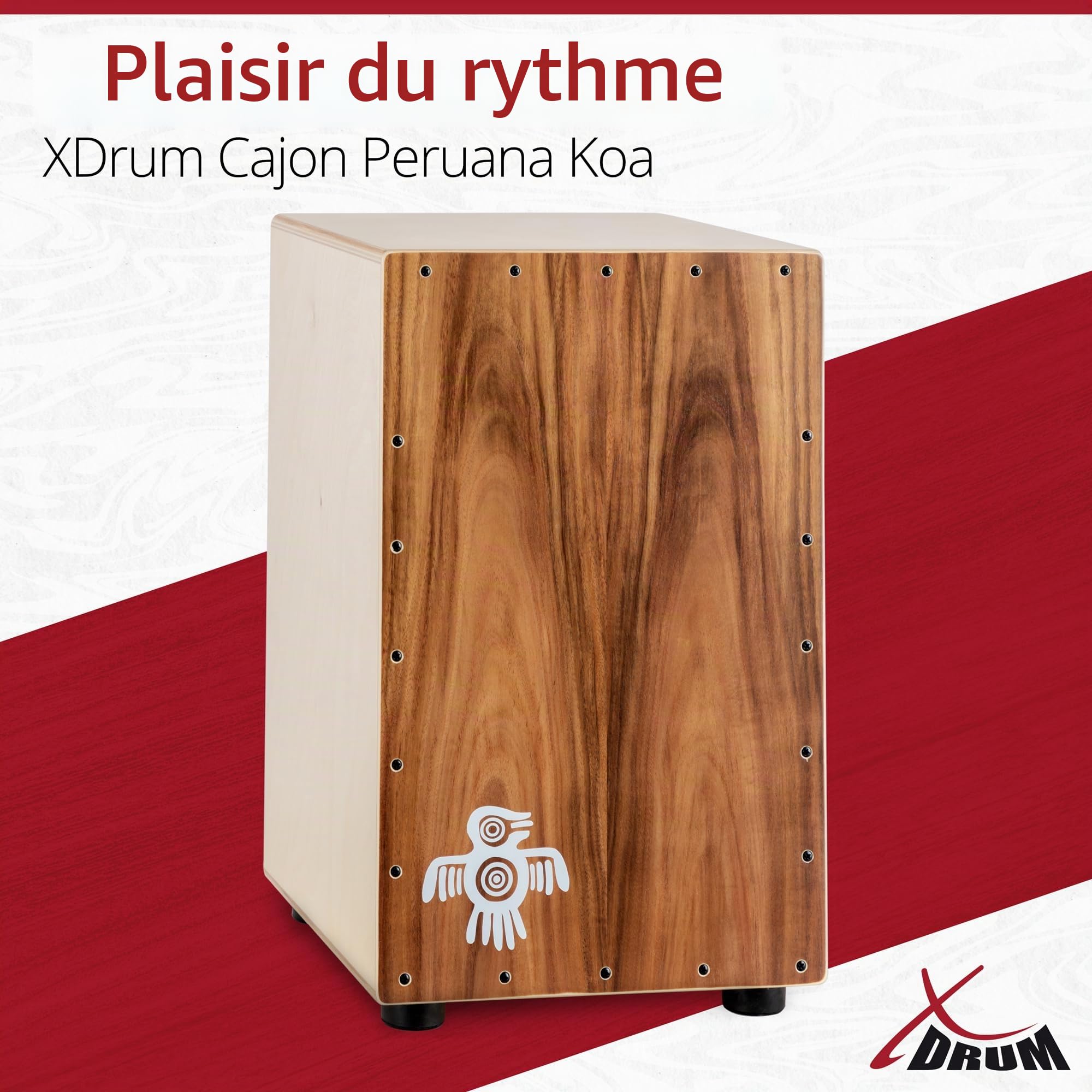 XDrum Cajon Peruana Koa, Table d’impact en Koa de 3 mm, 5 cm, Poids: env. 4 | Sons de basse et caisse claire très différenciés et présents, Corps en bouleau 9 mm (7 plis), Clap Corners réglables, 5 cm