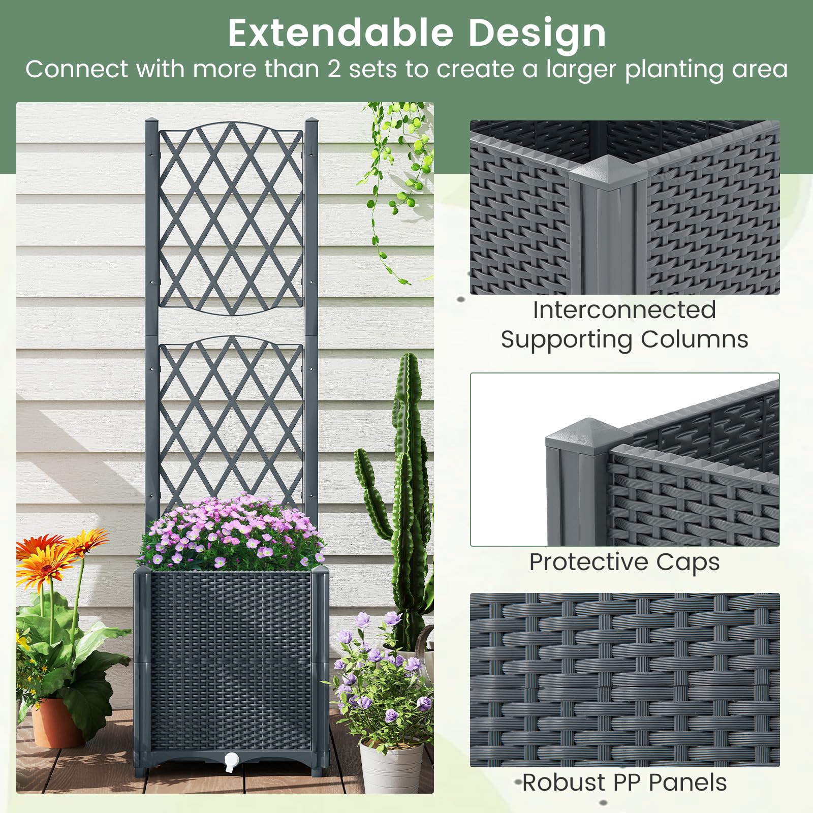 RELAX4LIFE Jardinière Surélevé avec Treillis 140CM avec 2 Bac à Fleurs, Disque Auto-Arrosant, Trous de Drainage pour Plantes Grimpantes Légumes Fleur pour Jardin Terrasse Balcon (Gris,40x40x140cm)