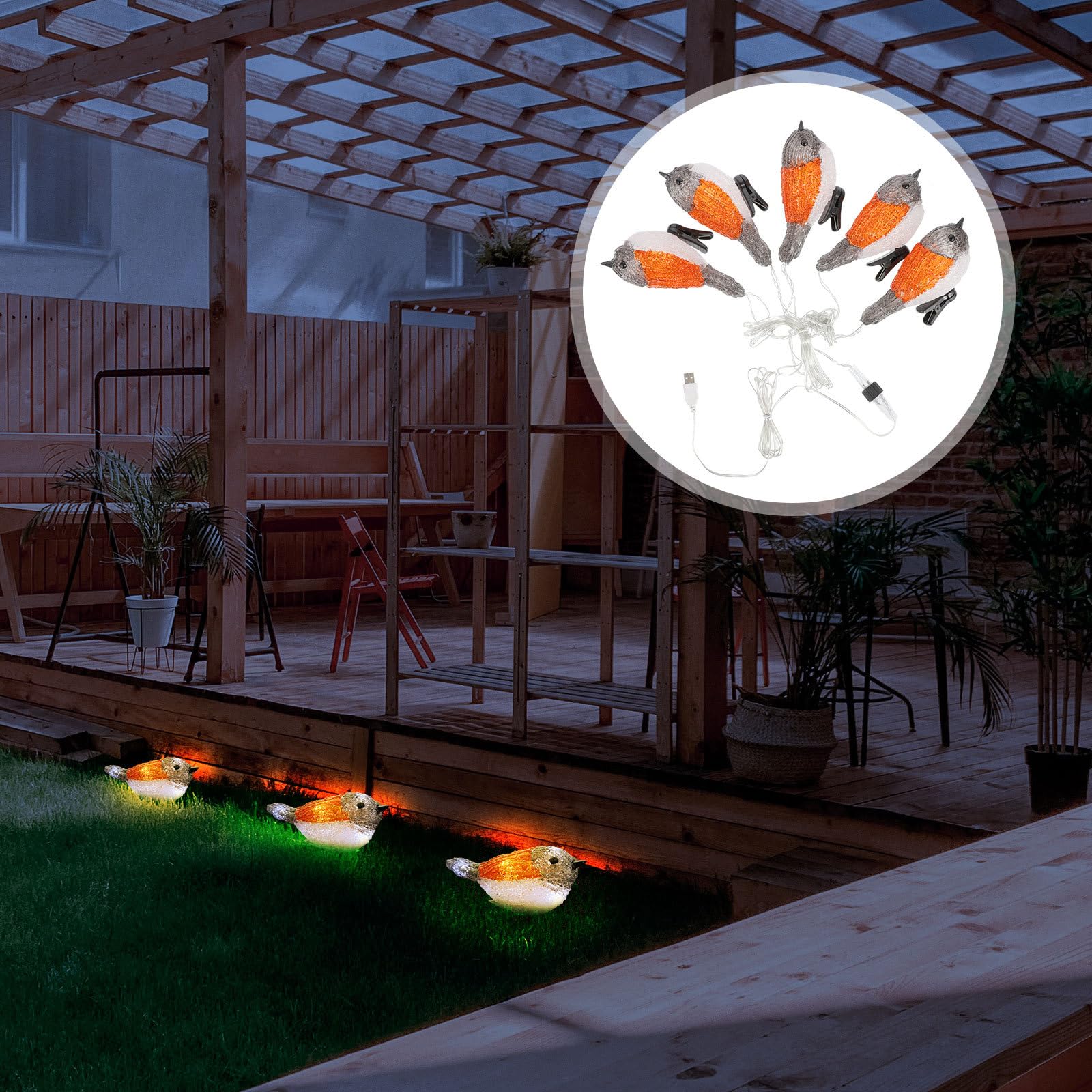 Solarbetriebene LED Lichterkette Vogel aus Acryl für Balkon und Fest | Ip44, Weißes Acryl Kunststoff Design, Rotkehlchen Form für Außenbereiche