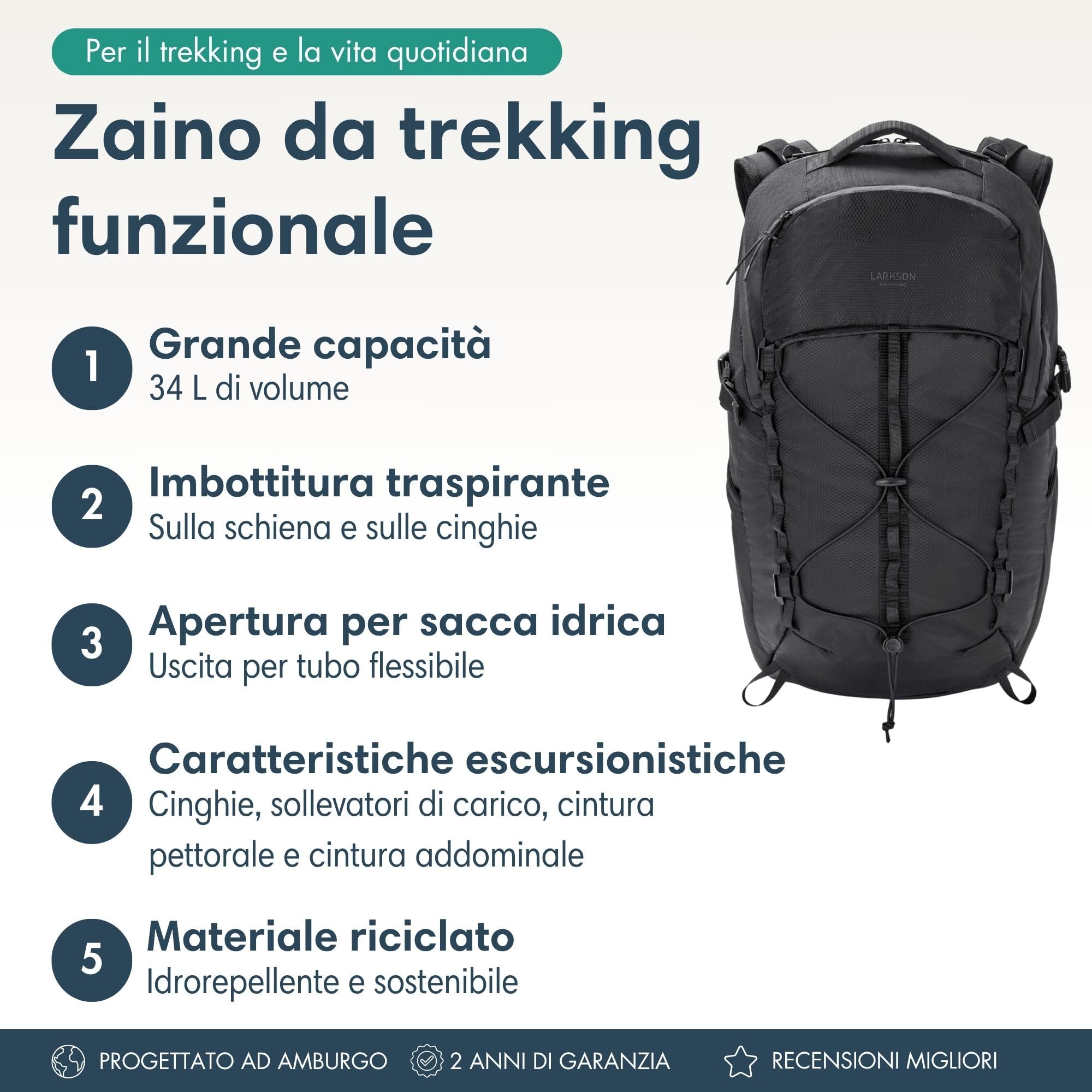 LARKSON Zaino da Escursionismo da Donna e Uomo - Klint Large - Zaino da Trekking 30 L - Escursionismo, Trekking, Campeggio, Arrampicata - Zaino da Giorno con Imbottitura in Rete