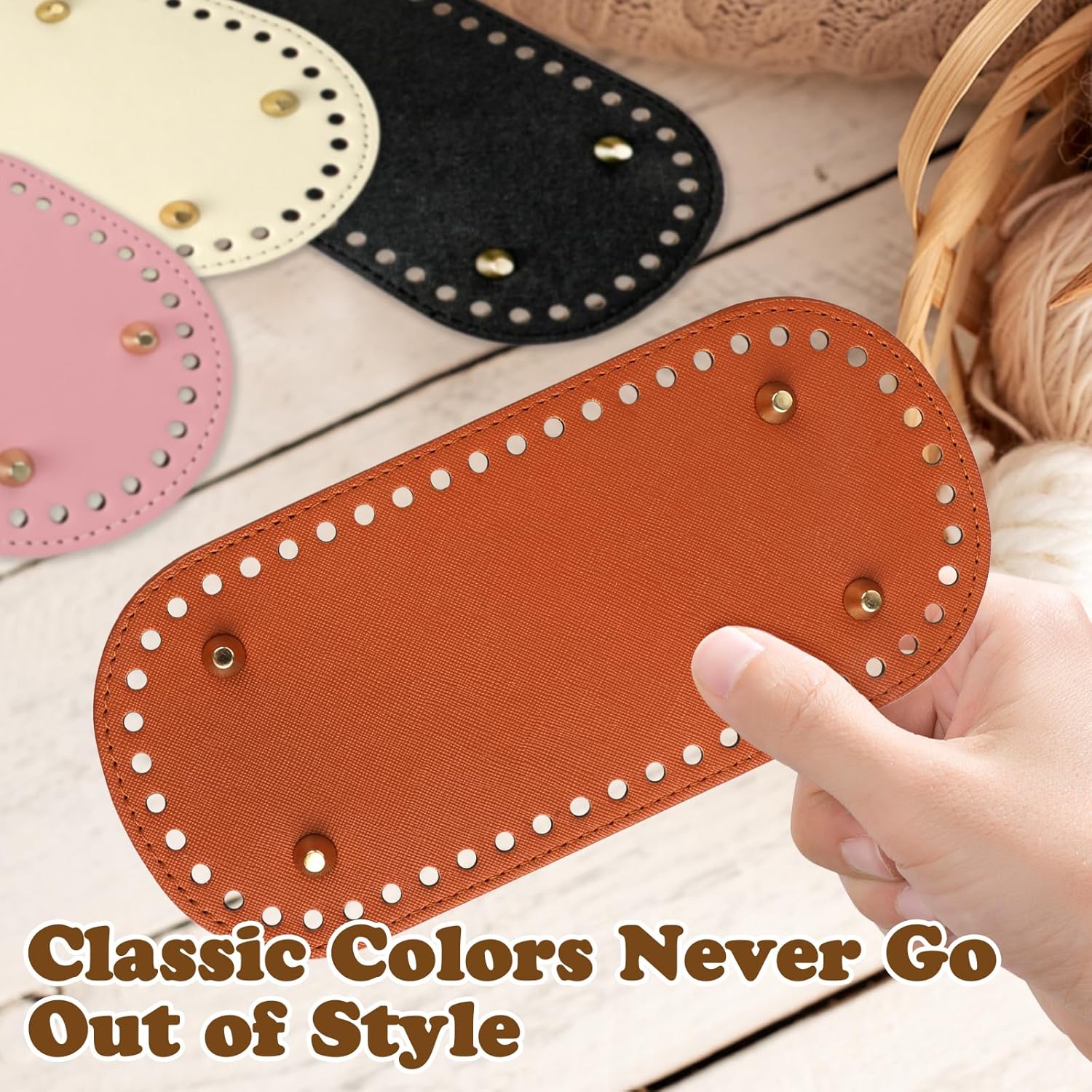 LPZNUYVC 14-Piece Crochet Purse Kit with Pre-Punched Leather Bag Bases and D-Shape Handles, Complete DIY Handbag Making Supplies, Shoulder Bag Craft Set for Beginners, Multicolor - Image 4