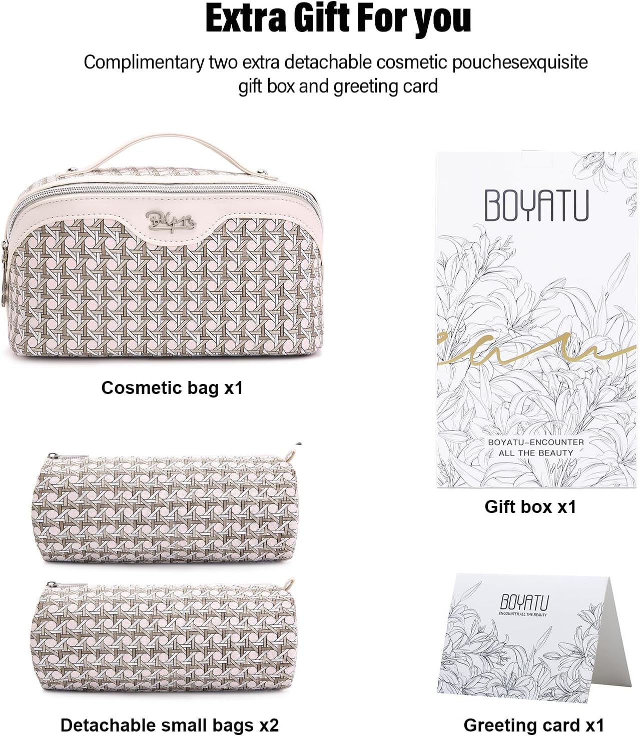 BOYATU Travel Makeup Bag Cosmetic Bags for Women: Large Capacity 3 Pcs Set Make up Bag with Compartments - Waterproof Vegan Leather Toiletry Organizer Bags with Handle (M-80Off-white)