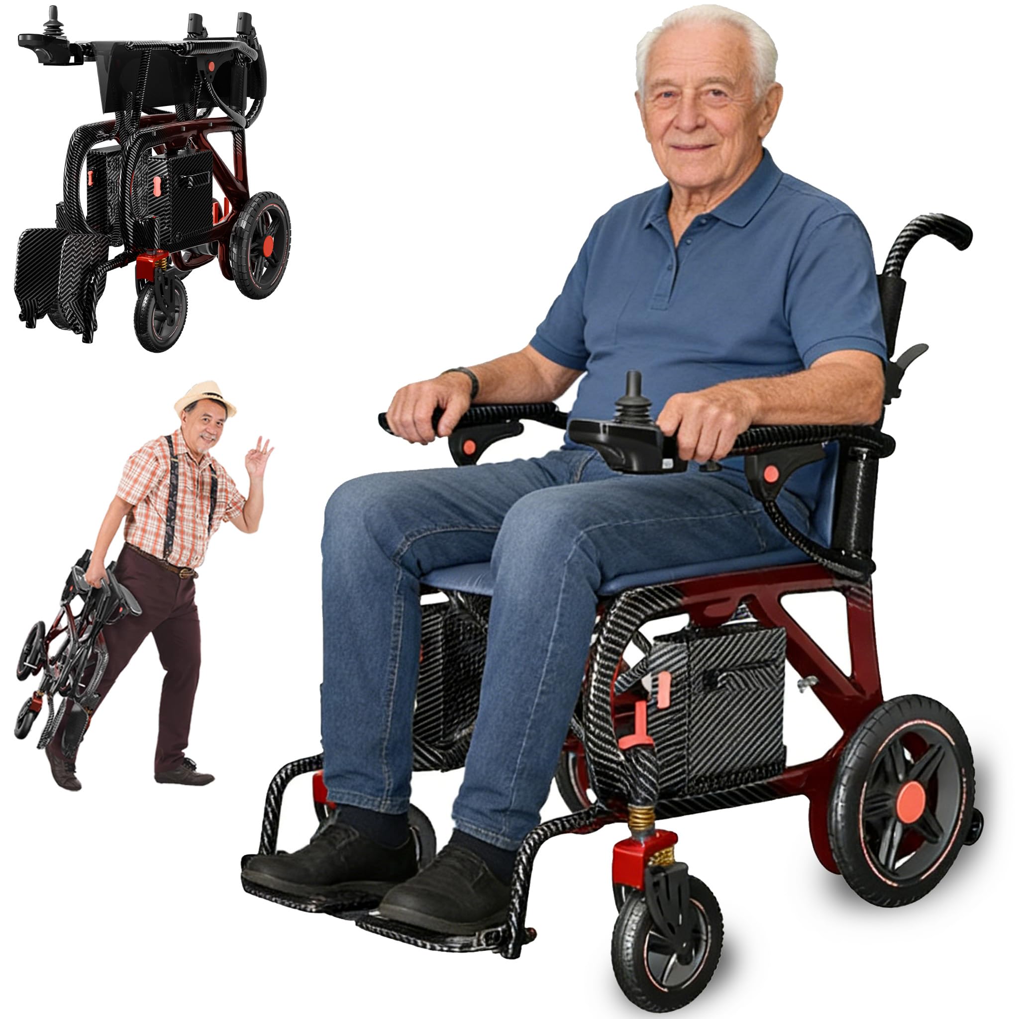 Ultraligera Carbono Fibra Silla de Ruedas Eléctrica Plegable para Adultos, 12 kg, Doble Batería de Litio 10Ah, Motor 400W, Luces, Autonomía de 30 km, Capacidad de 100 kg