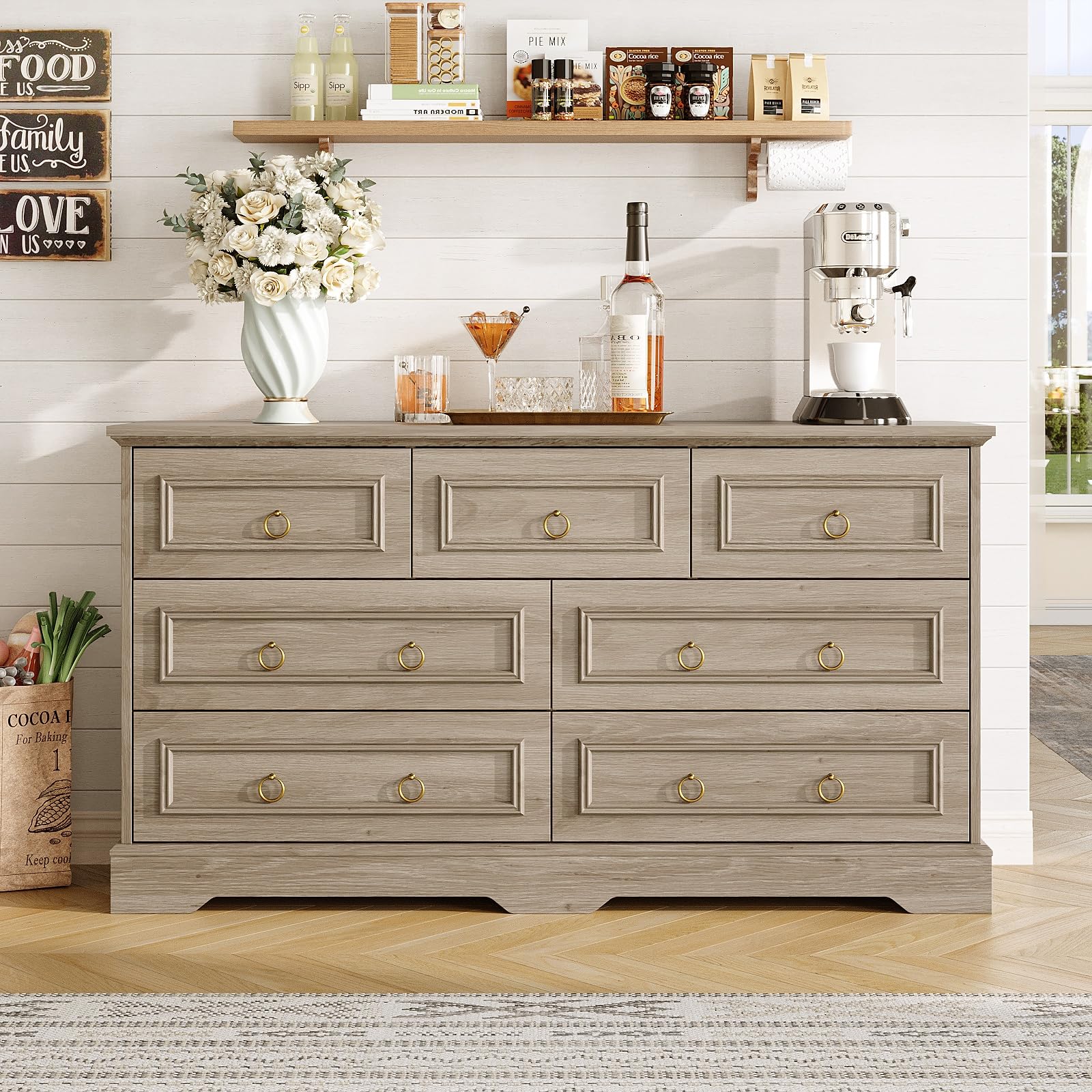 Maupvit Dresser, Vintage Design Wood Rustic Chest of Drawers with Natural Texture, Sturdy & Durable Farmhouse Dresser, Ideal Storage Dressers for Living Room (Grey, 7 Drawers) Grey 7 Drawers