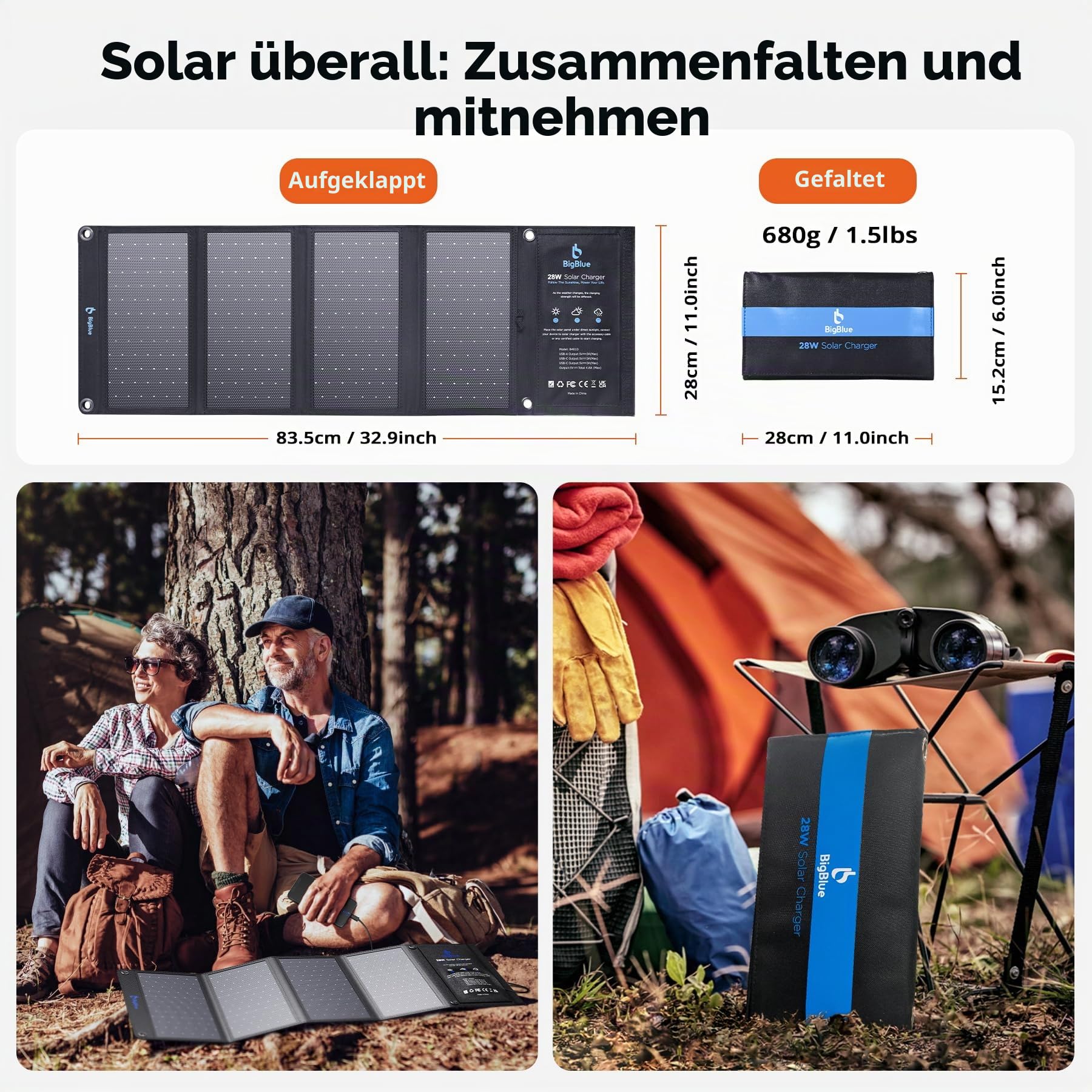 BigBlue 28W Tragbar Solarladegerät mit 3 USB-Anschlüssen(4,8A insgesamt), IP44 Wasserdicht Solarpanel, Faltbar, Ideal für Outdoor Aktivitäten, für Wiederaufladen Powerbank-iPhone Android GoPro